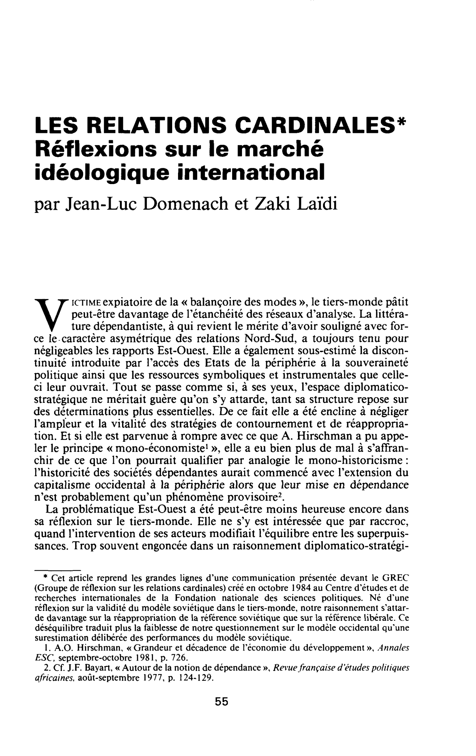 LES RELATIONS CARDINALES. Réflexions sur le marché idéologique international