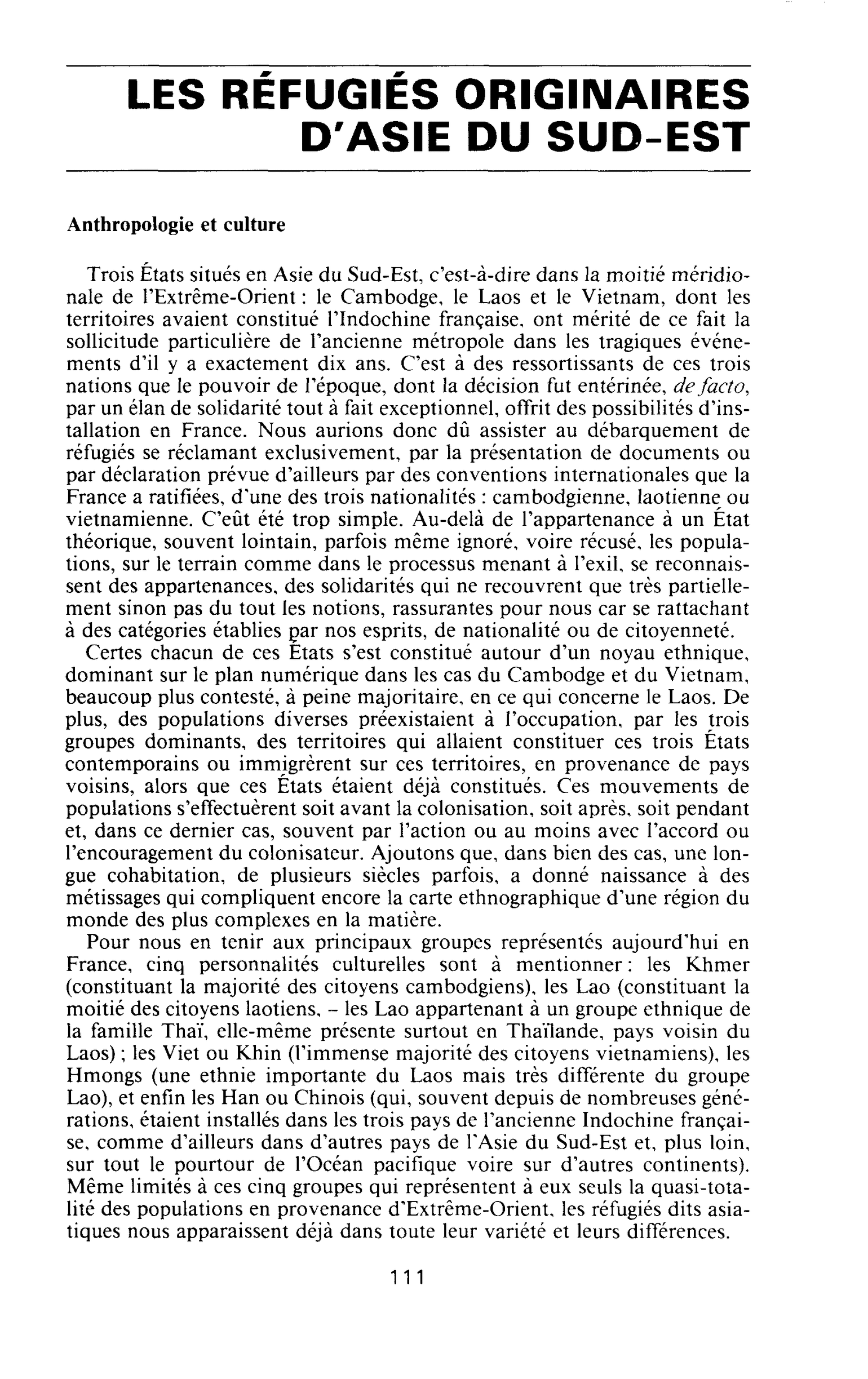 LES RÉFUGIÉS ORIGINAIRES D’ASIE DU SUD-EST