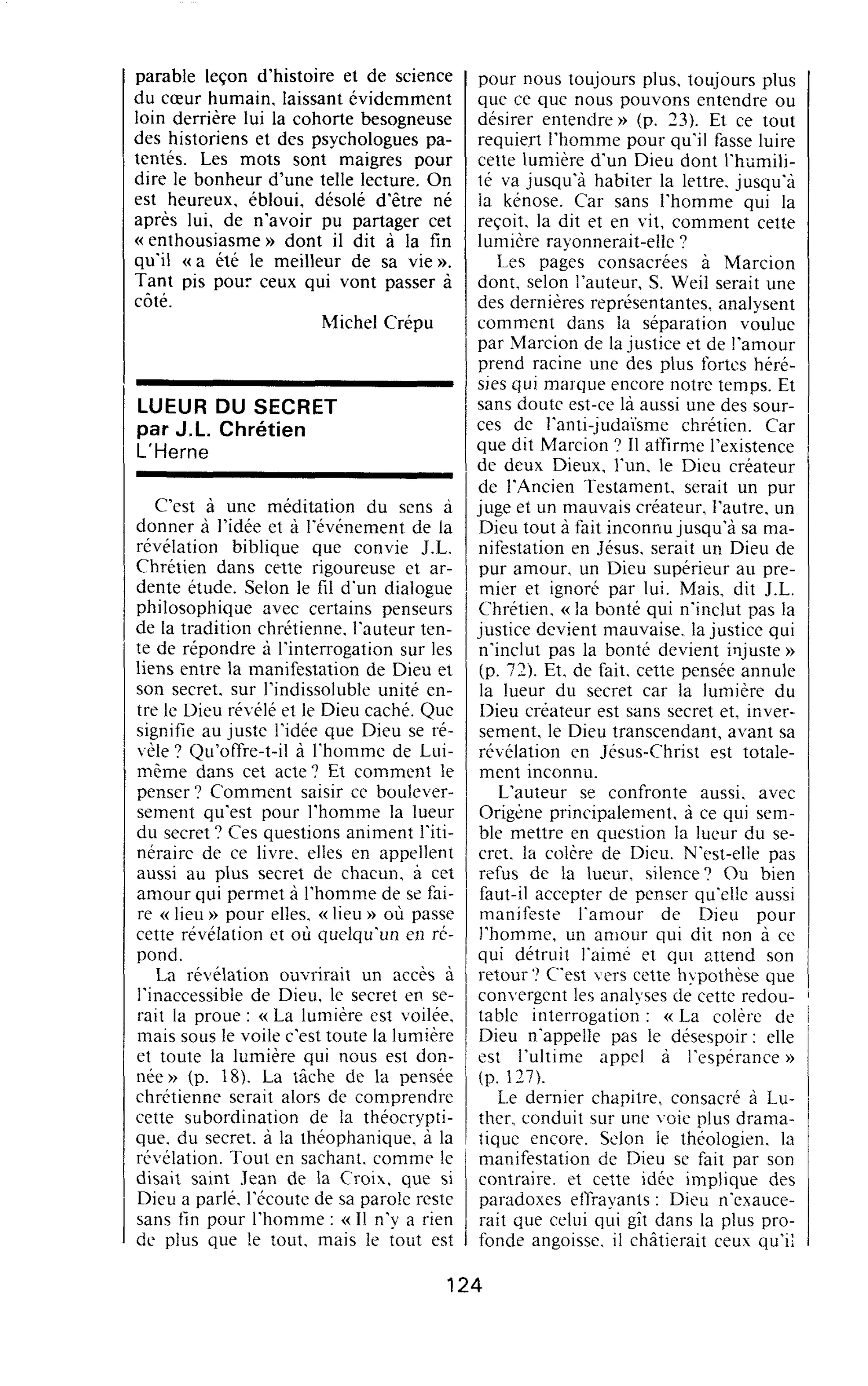 LUEUR DU SECRET par J.L. Chrétien