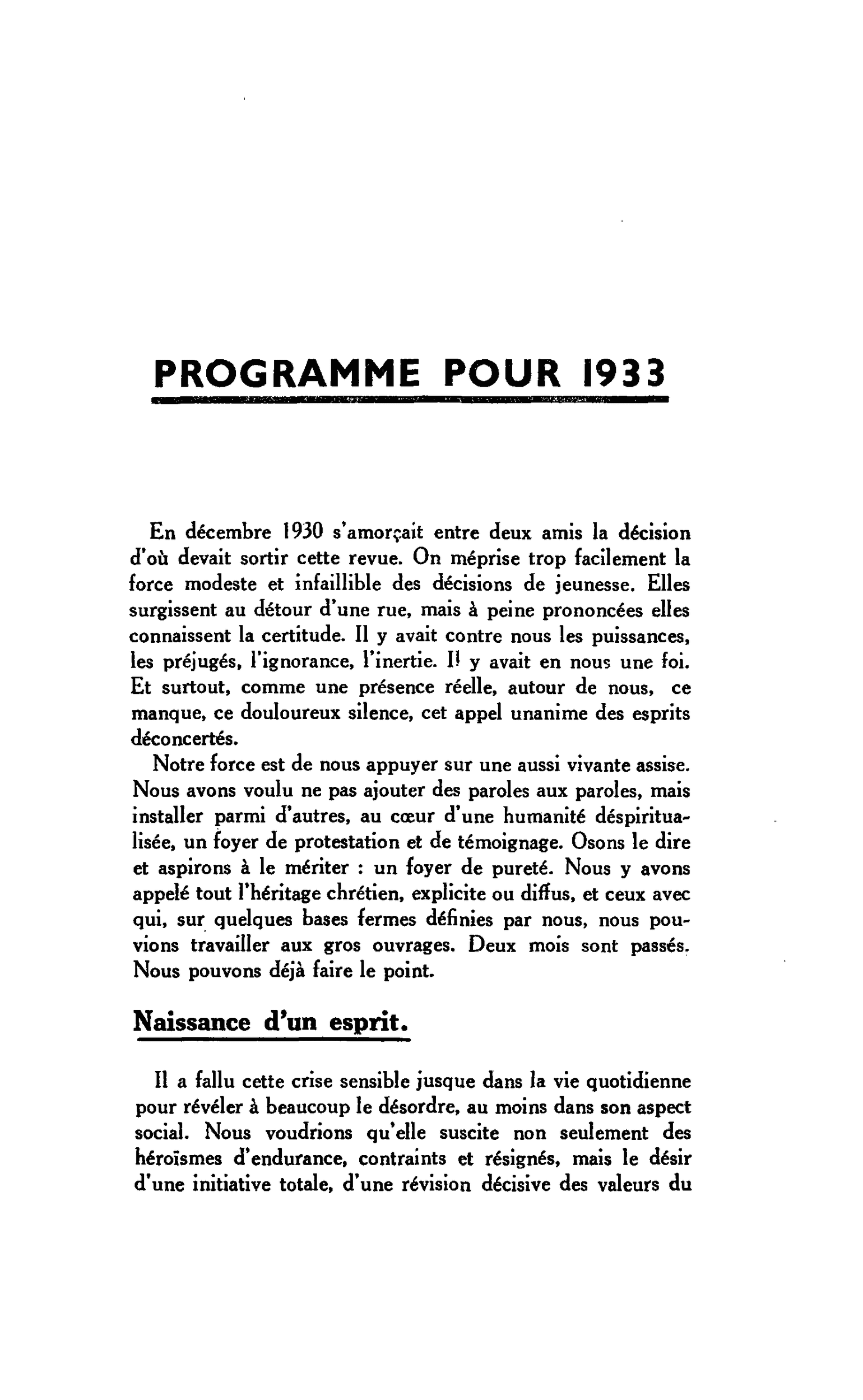 Programme pour 1933