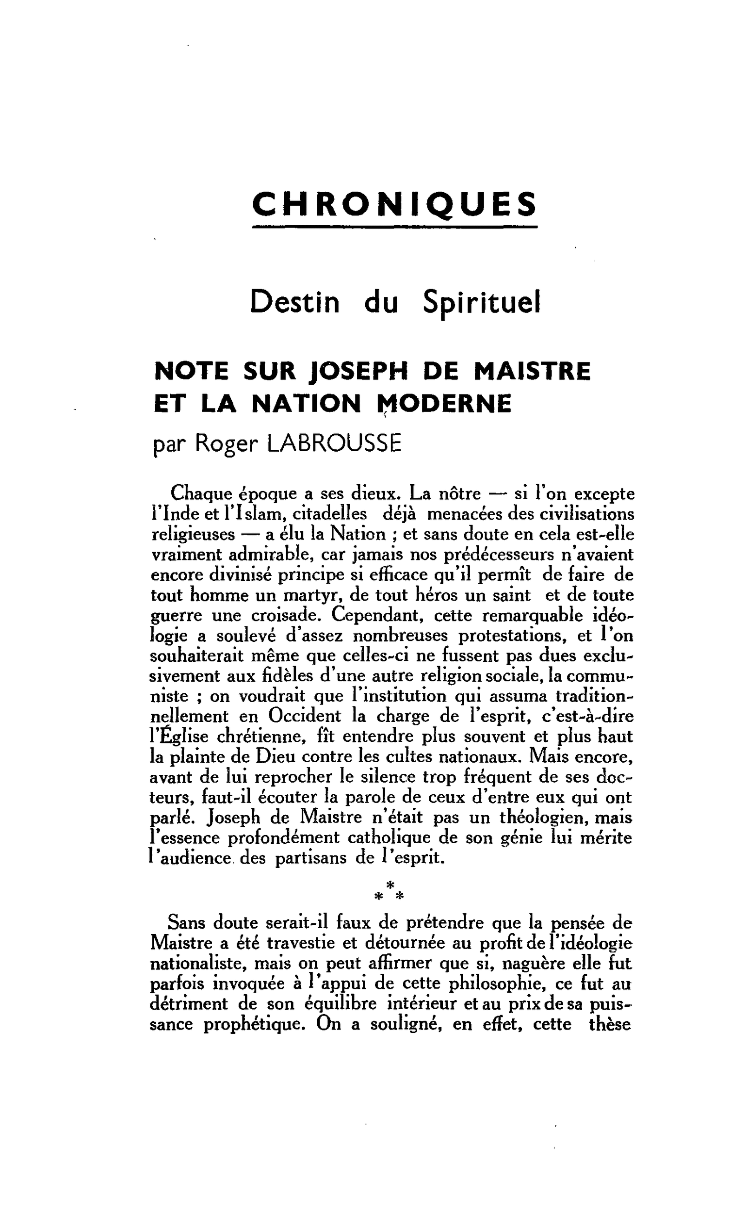 Destin du Spirituel. NOTE SUR JOSEPH DE MAISTRE ET LA NATION MODERNE