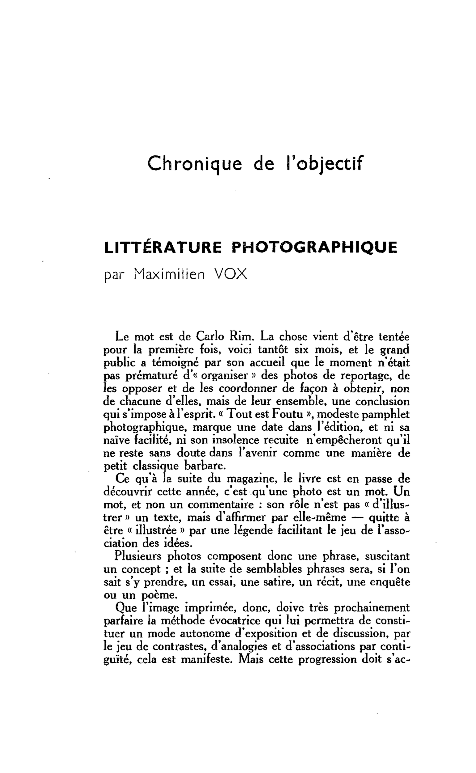 Chronique de l’objectif. LITTÉRATURE PHOTOGRAPHIQUE