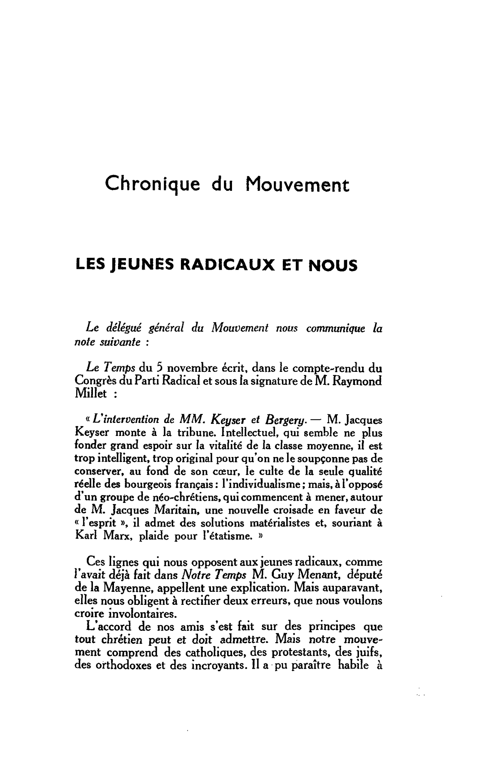 Chronique du Mouvement. LES JEUNES RADICAUX ET NOUS