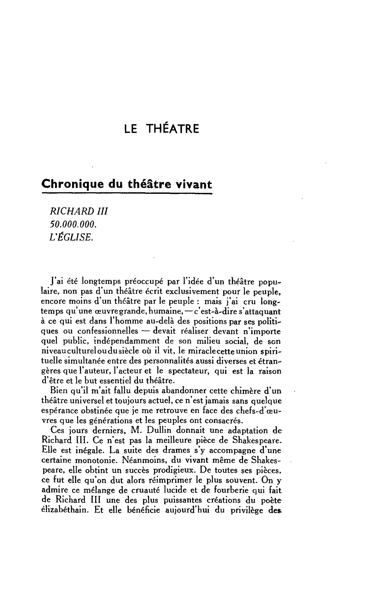 LE THEATRE. Chronique du théâtre vivant