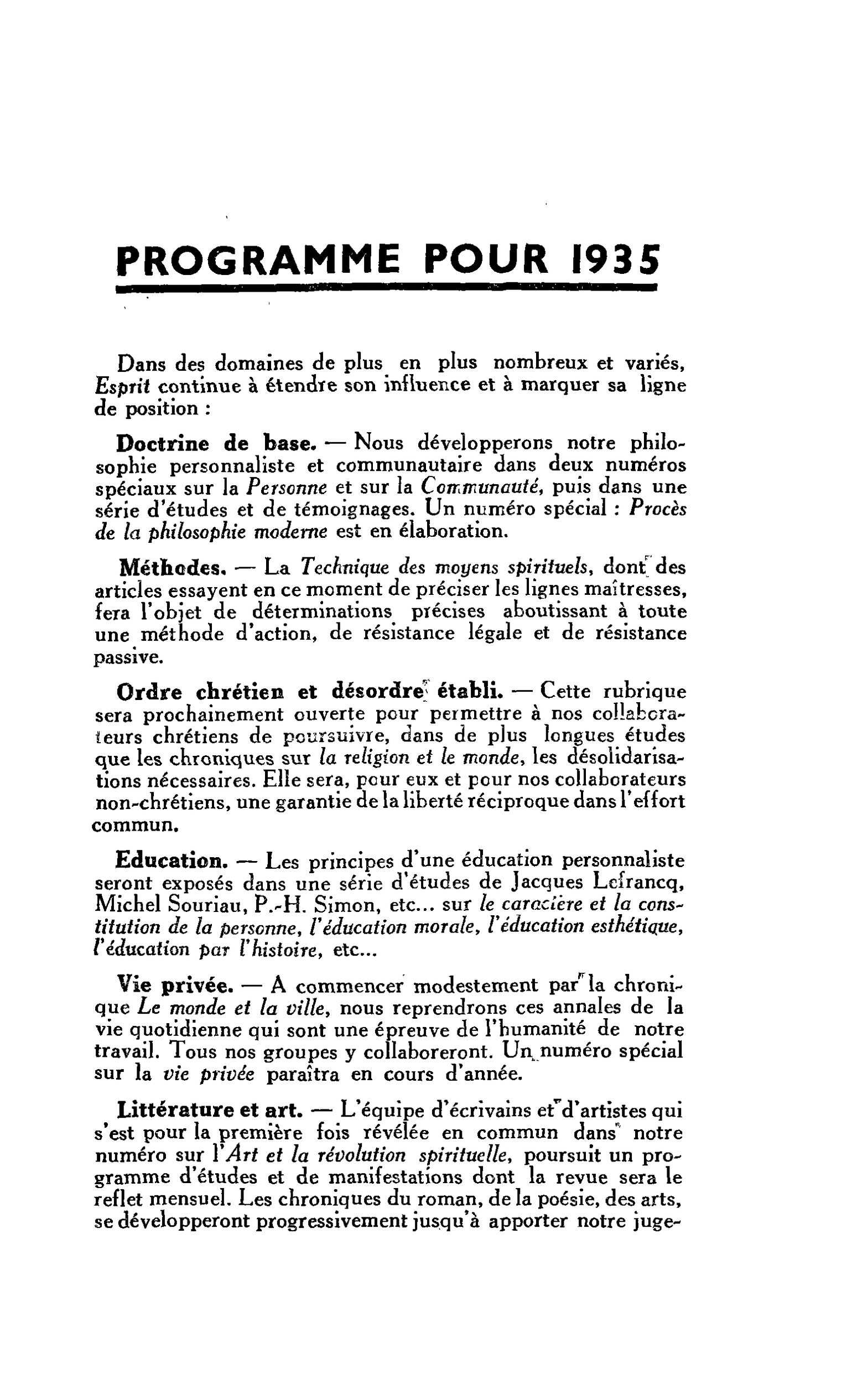 PROGRAMME POUR 1935