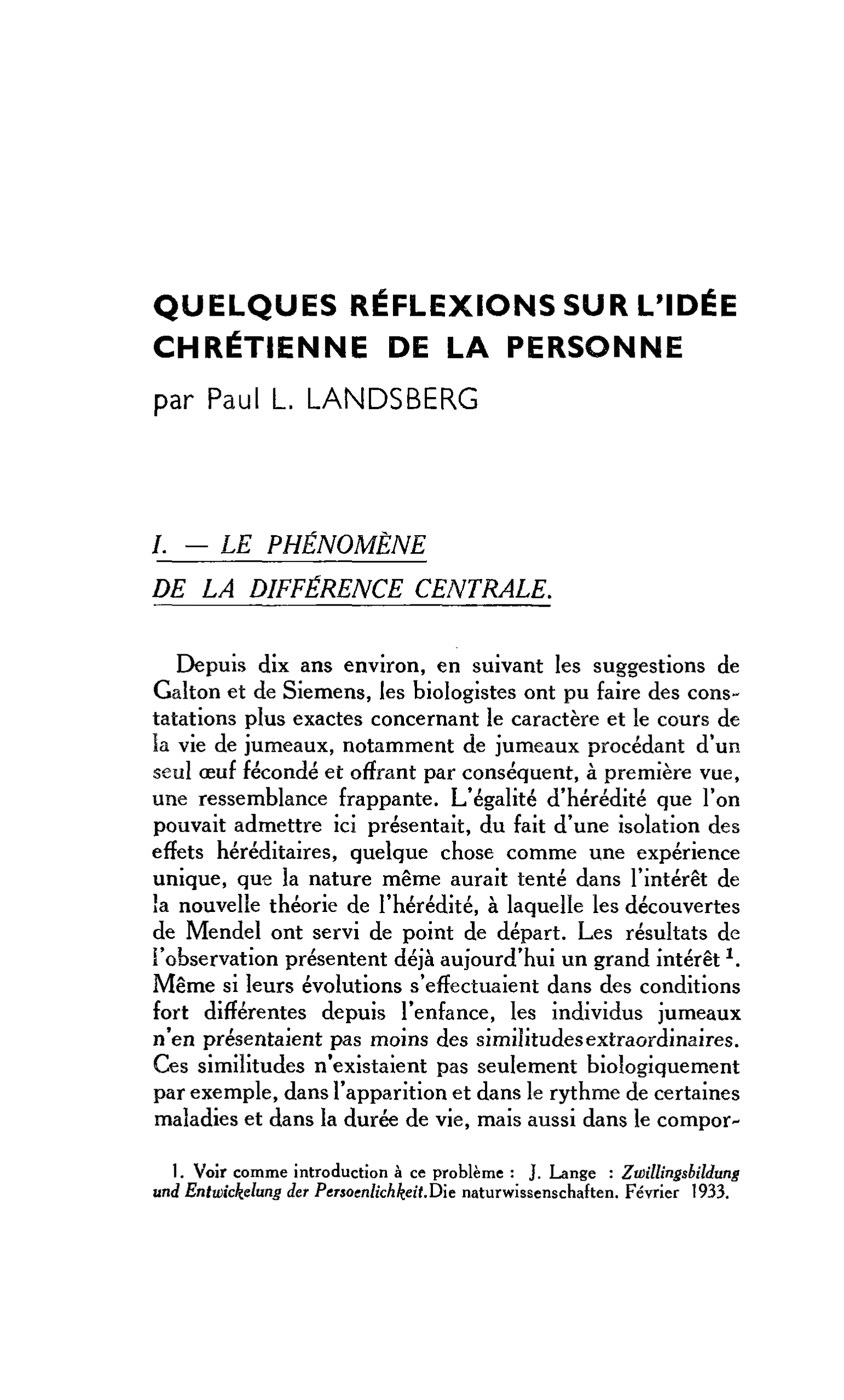 QUELQUES RÉFLEXIONS SUR L’IDÉE CHRÉTIENNE DE LA PERSONNE