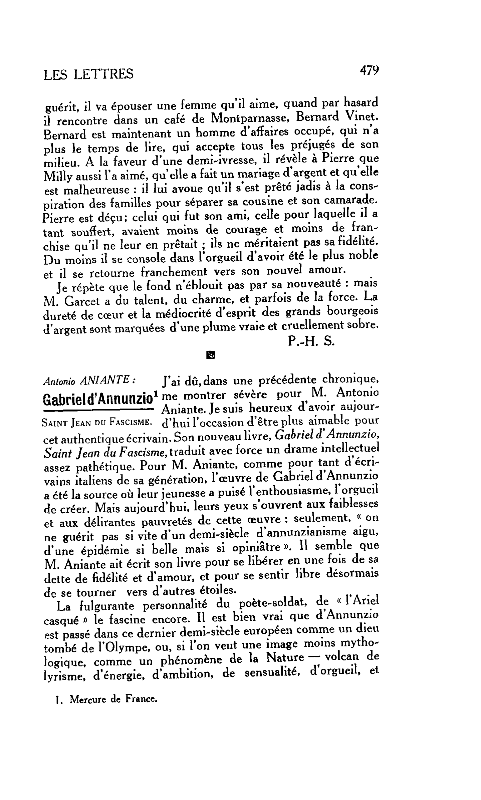 LES LETTRES : Antonio ANIANTE : Gabriel d’Annunzio Saint Jean du Fascisme