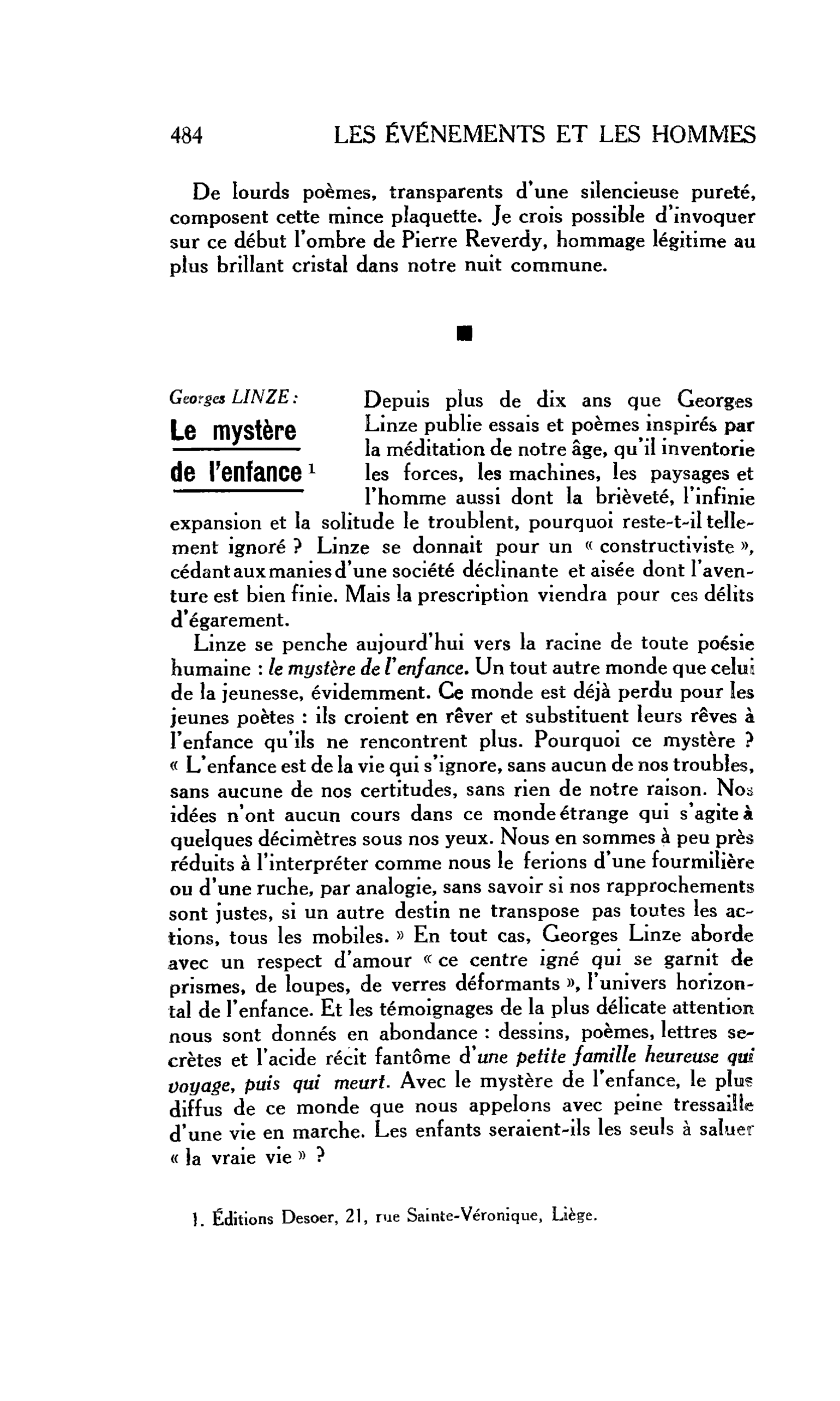 LES LETTRES : Georges LINZE : Le mystère de l’enfance