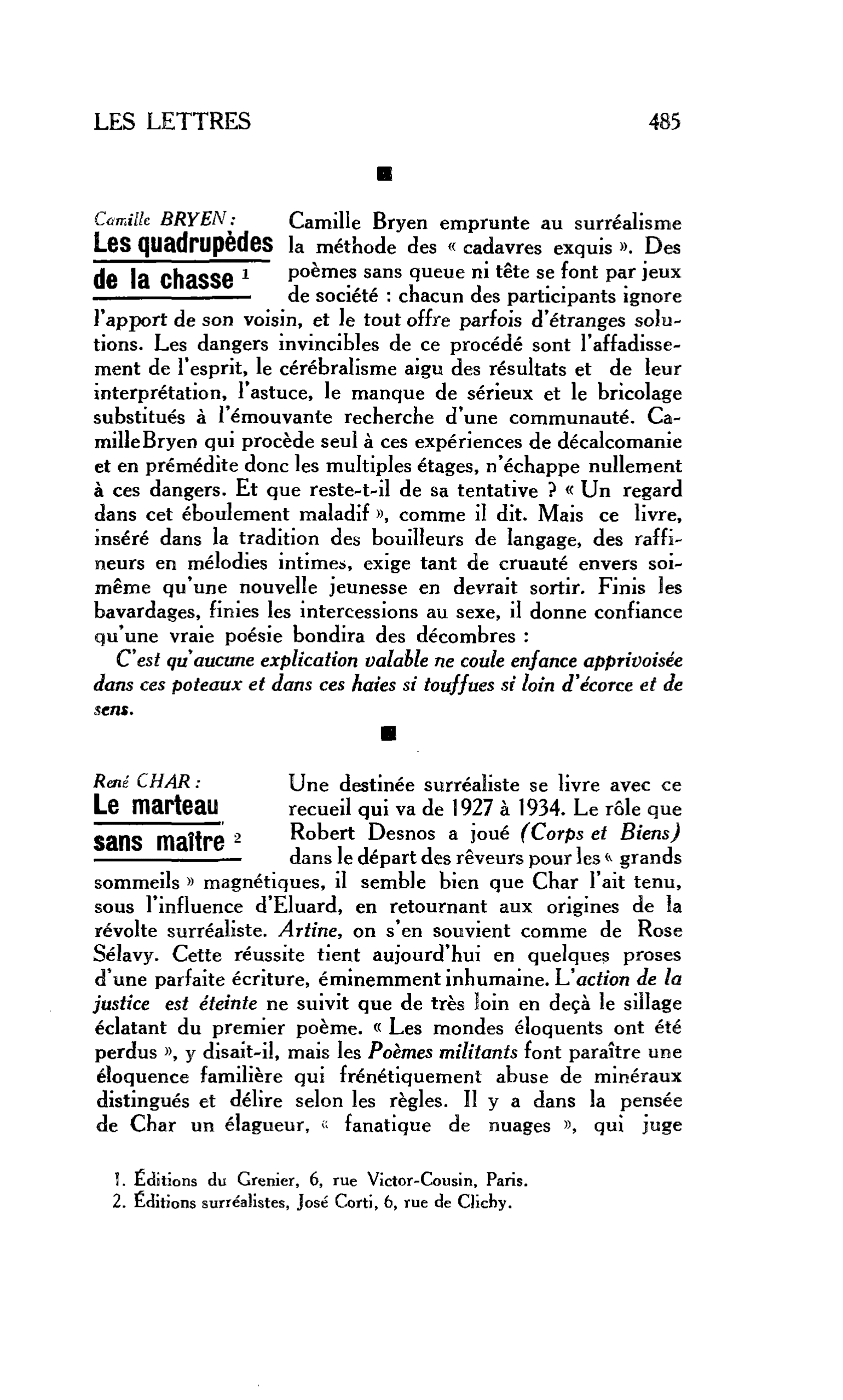 LES LETTRES : Camille BRYEN: Les quadrupèdes de la chasse