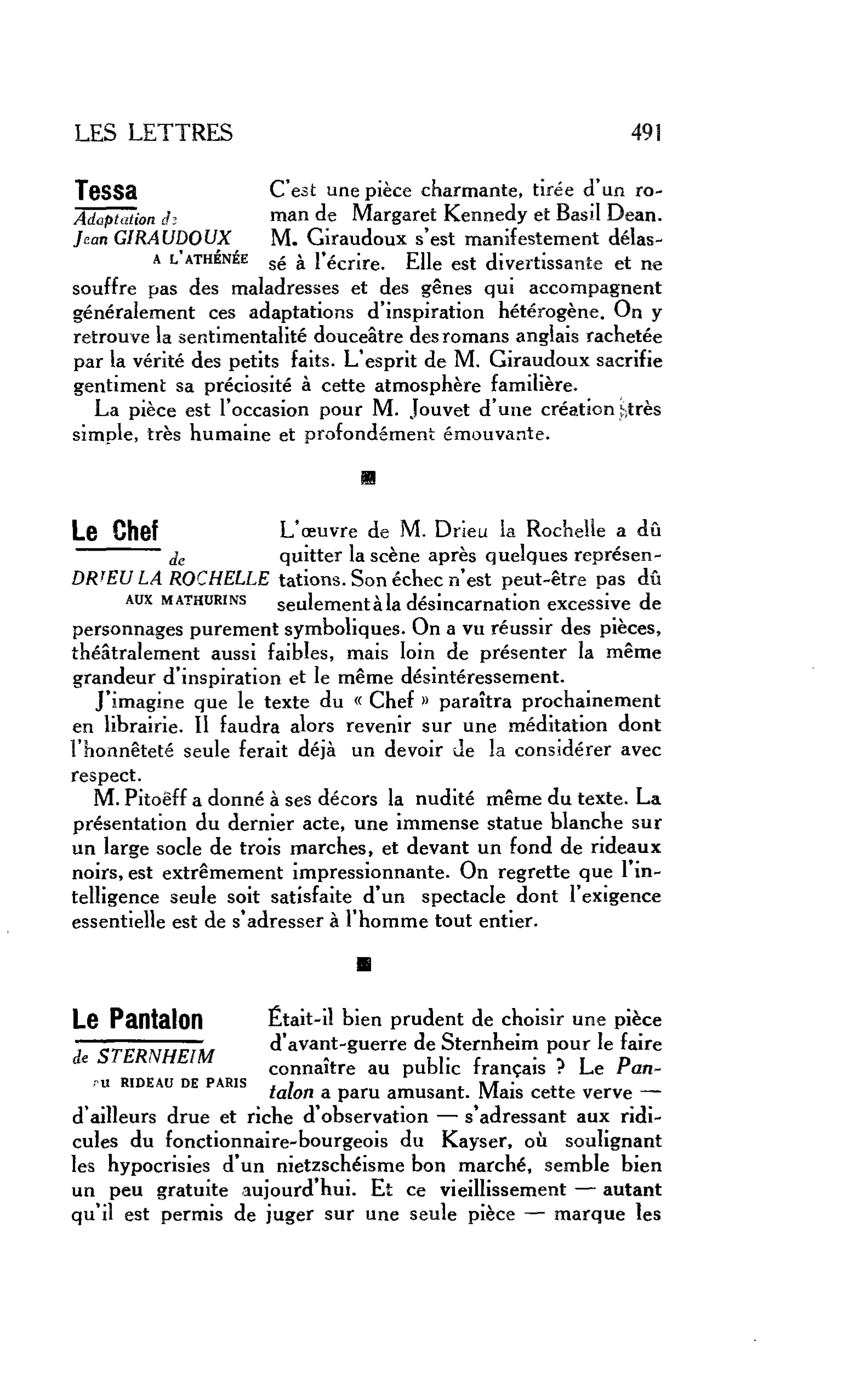 LES LETTRES : Le Pantalon de STERNHEIM au RIDEAU DE PARIS