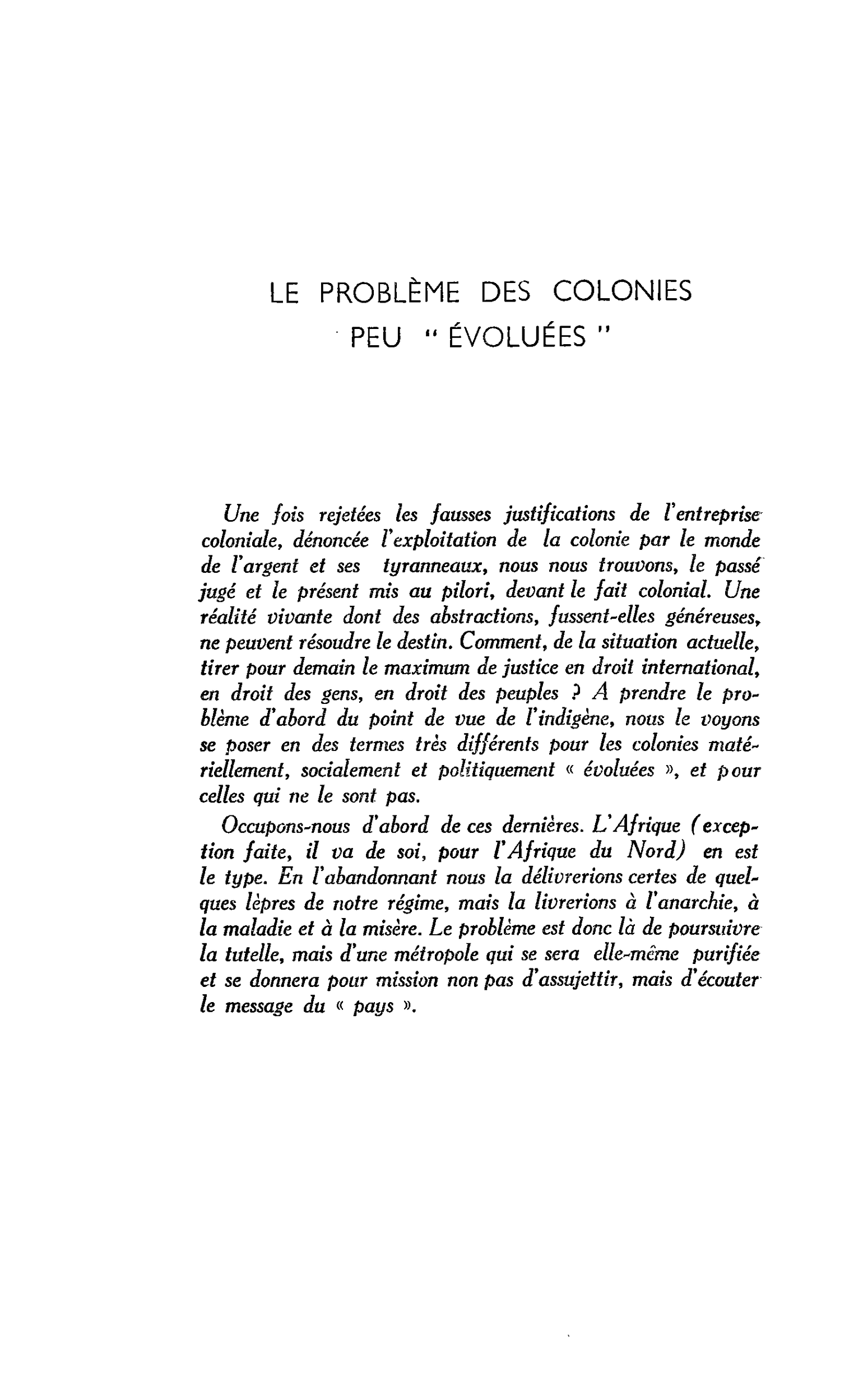 LE PROBLÈME DES COLONIES PEU « ÉVOLUÉES »