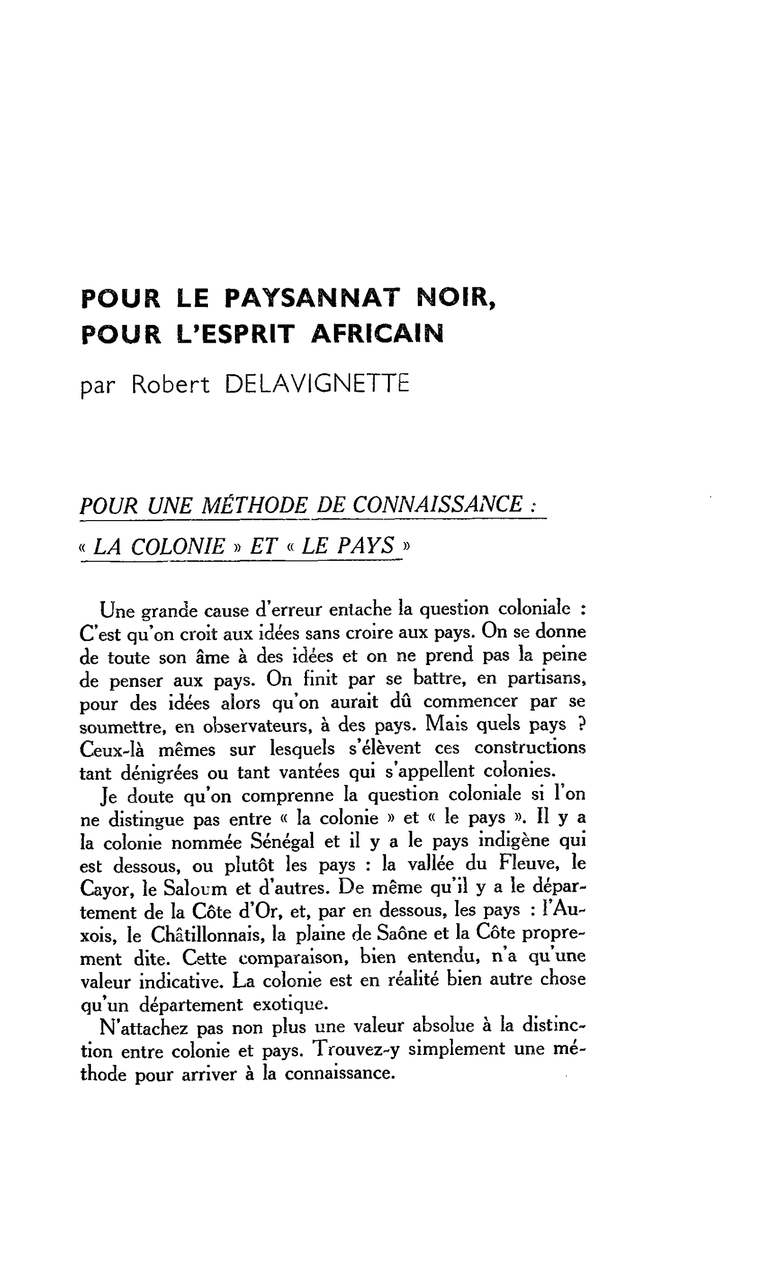 POUR LE PAYSANNAT NOIR, POUR L’ESPRIT AFRICAIN