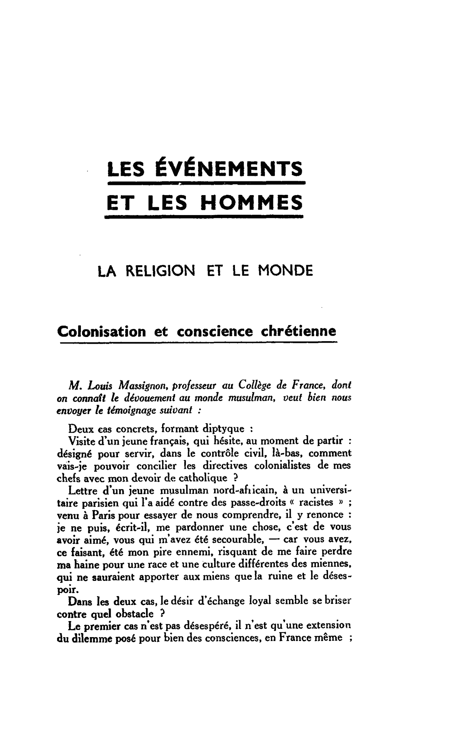 LA RELIGION ET LE MONDE. Colonisation et conscience chrétienne