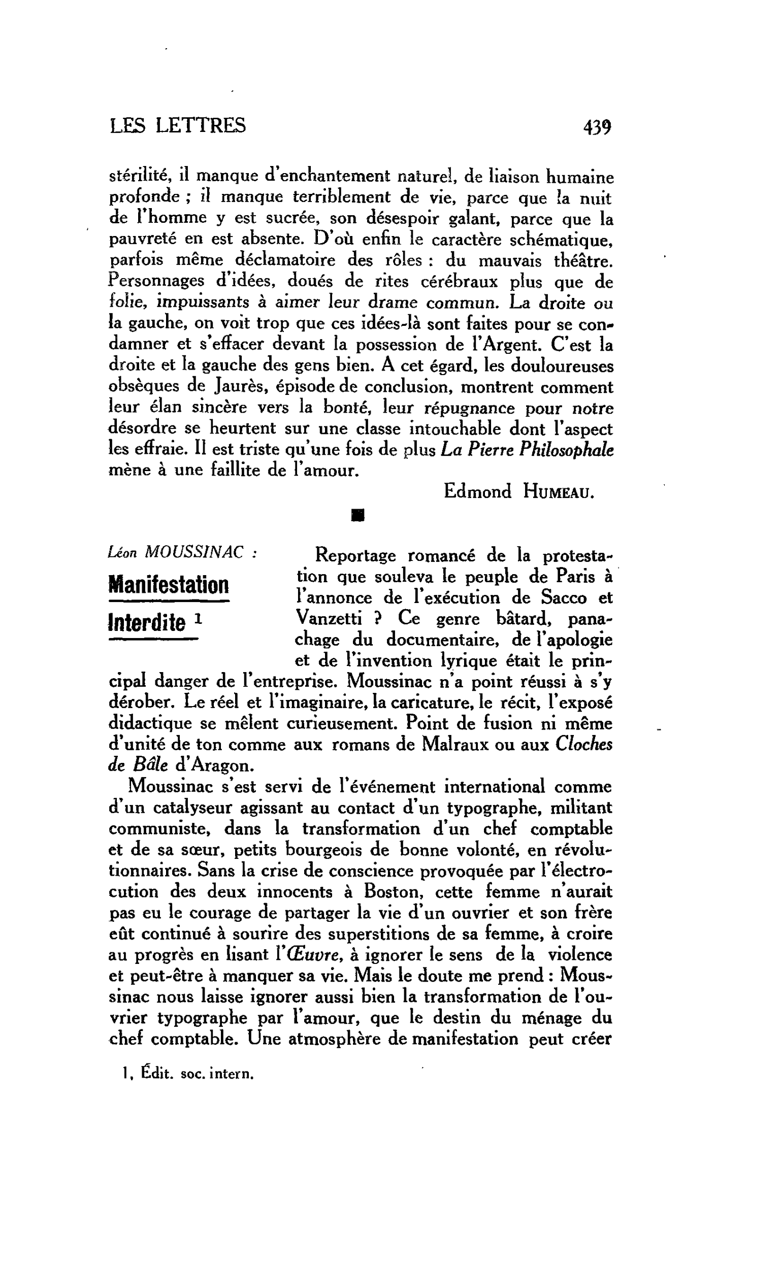 LES LETTRES : Léon MOUSSINAC : Manifestation Interdite