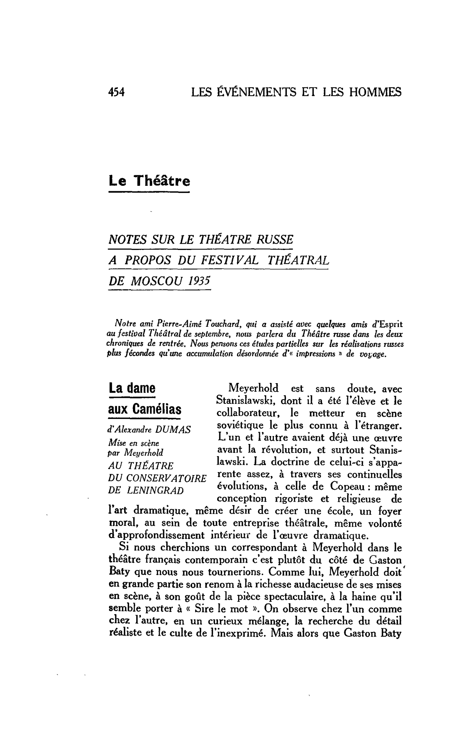 LES ARTS : Le Théâtre. NOTES SUR LE THÉÂTRE RUSSE A PROPOS DU FESTIVAL THÉÂTRAL DE MOSCOU 1935