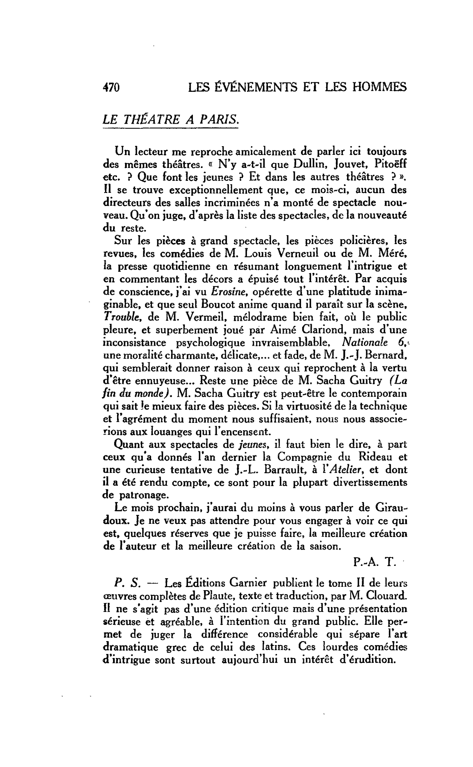 LES ARTS : LE THÉÂTRE A PARIS