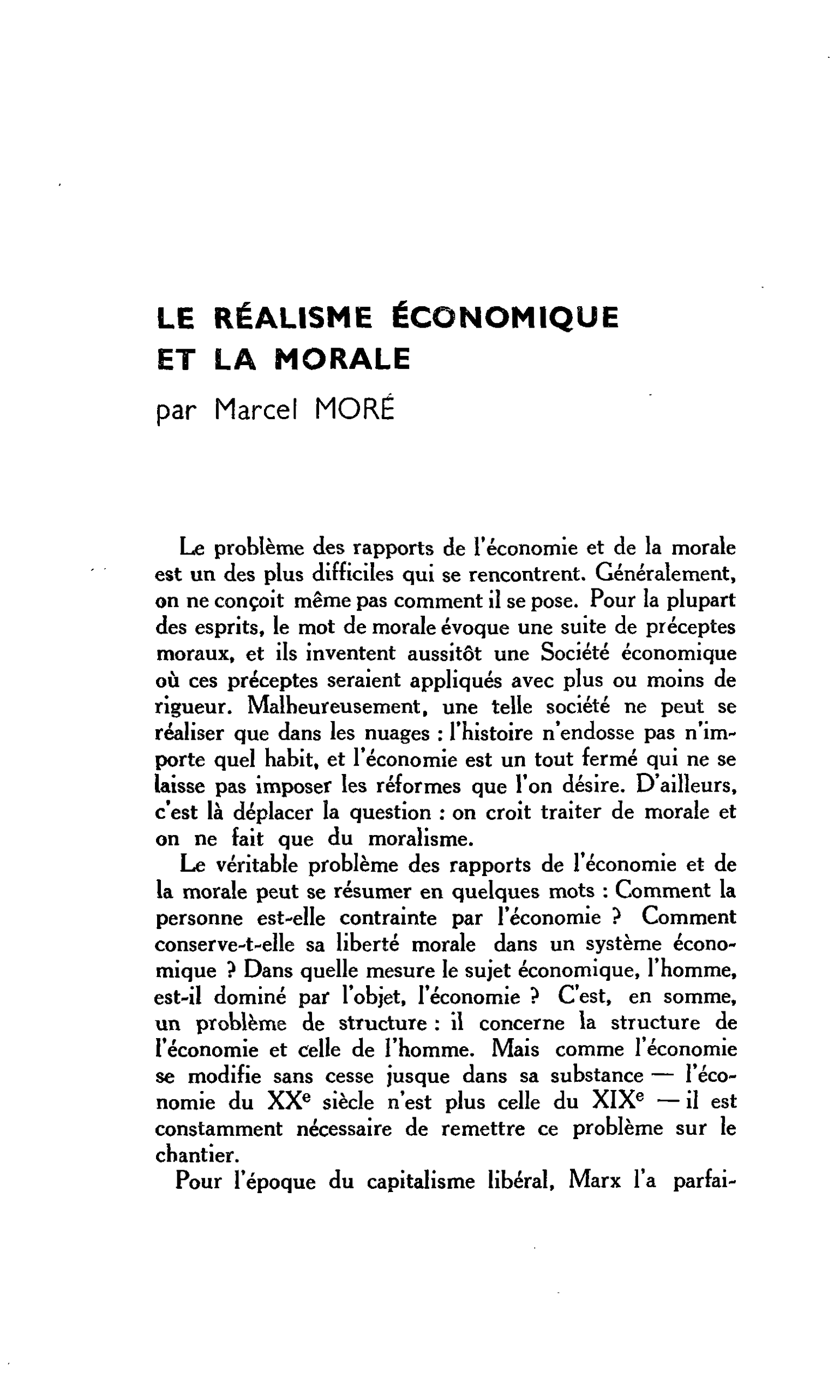 LE RÉALISME ÉCONOMIQUE ET LA MORALE