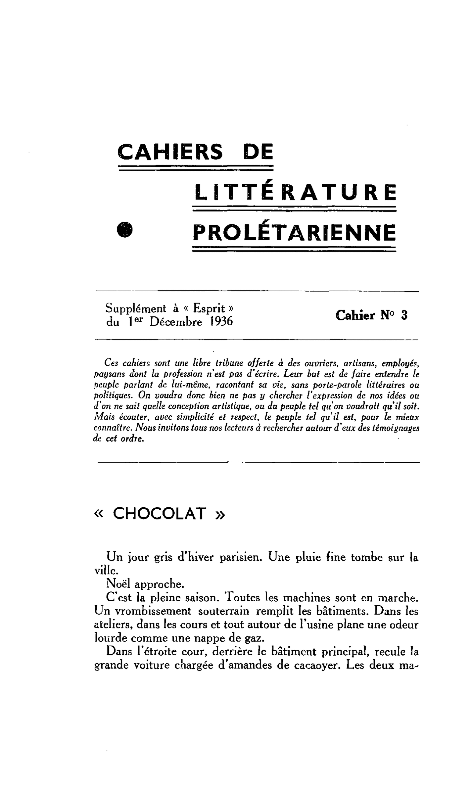 CAHIERS DE LITTÉRATURE PROLÉTARIENNE