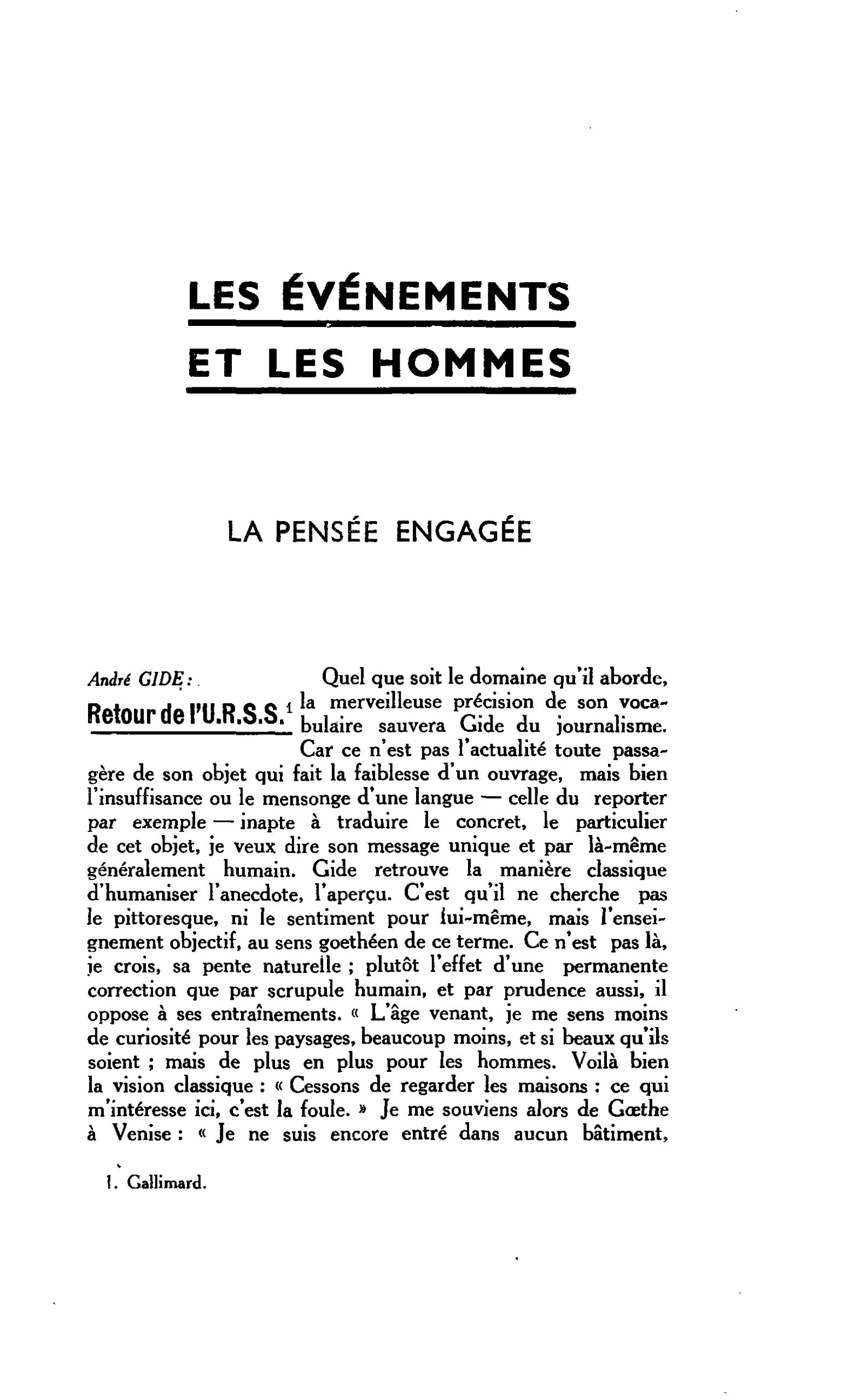LA PENSÉE ENGAGÉE. André GIDE: Retour de l’U.R.S.S.