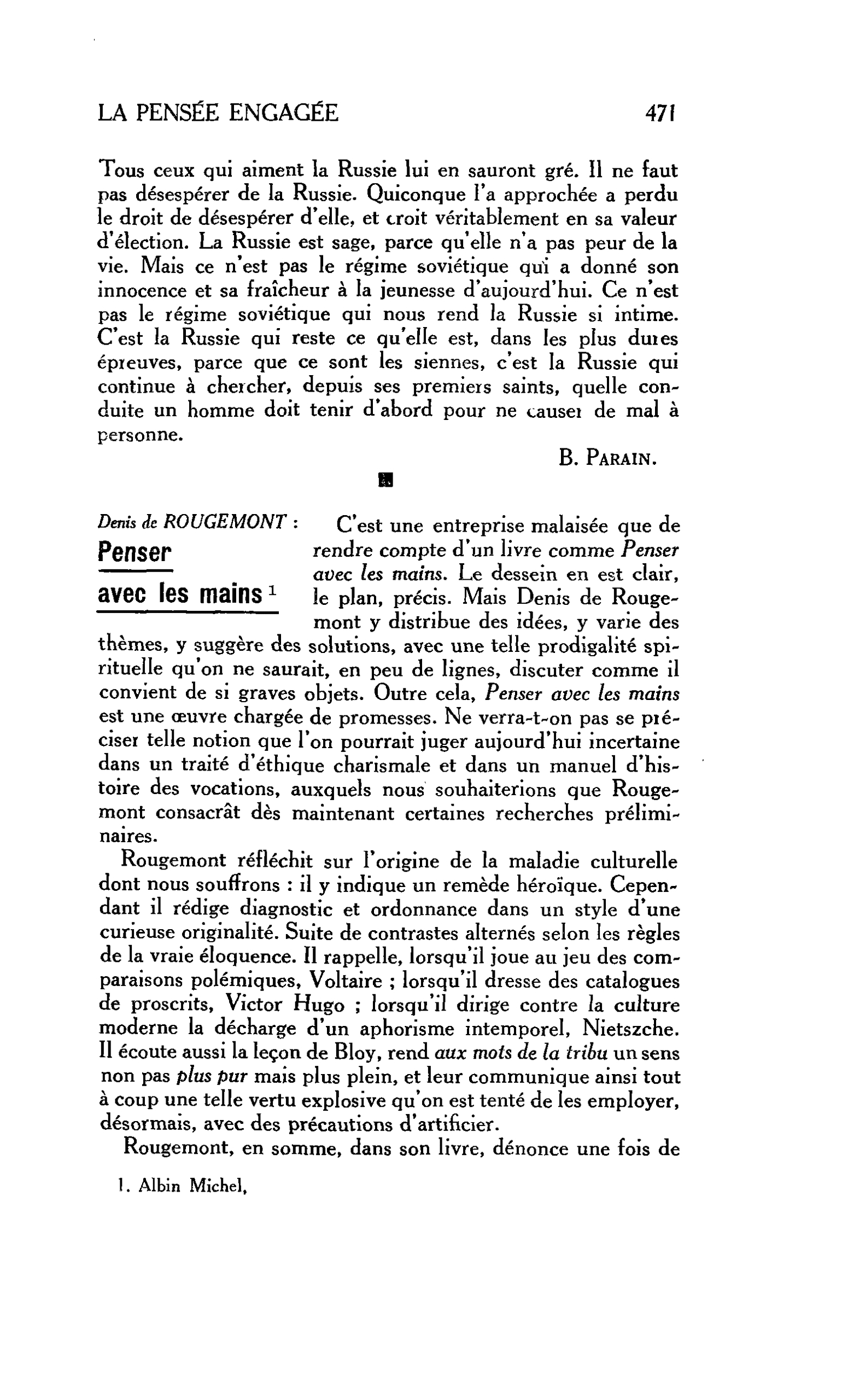 LA PENSÉE ENGAGÉE. Denis de ROUGEMONT : Penser avec les mains