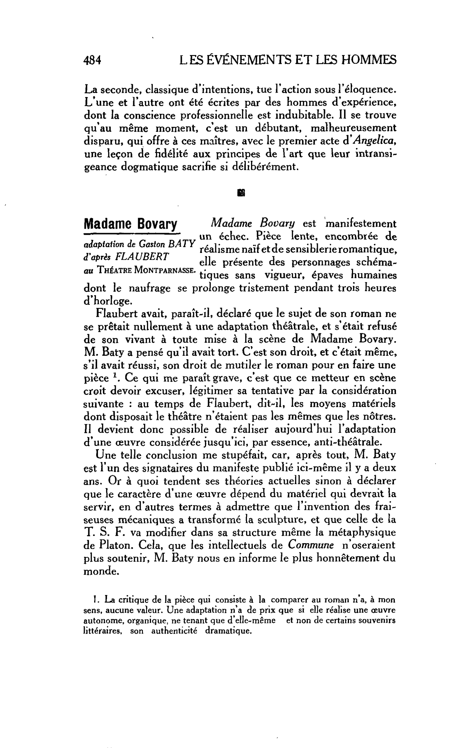LES ARTS : Madame Bovary adaptation de Gaston BATY d’après FLAUBERT au Théâtre Montparnasse