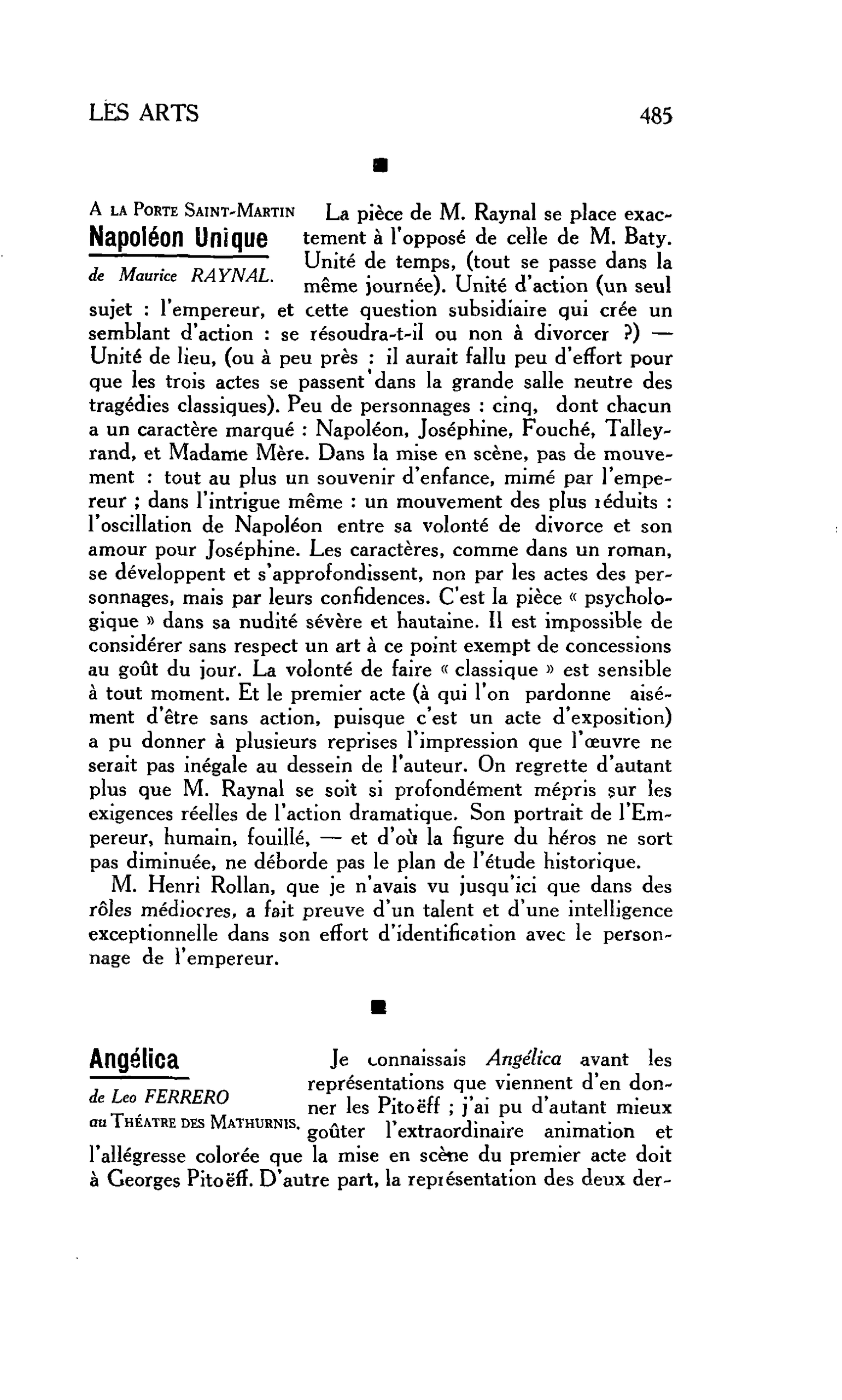 LES ARTS : A la Porte Saint-Martin. Napoléon Unique de Maurice RAYNAL