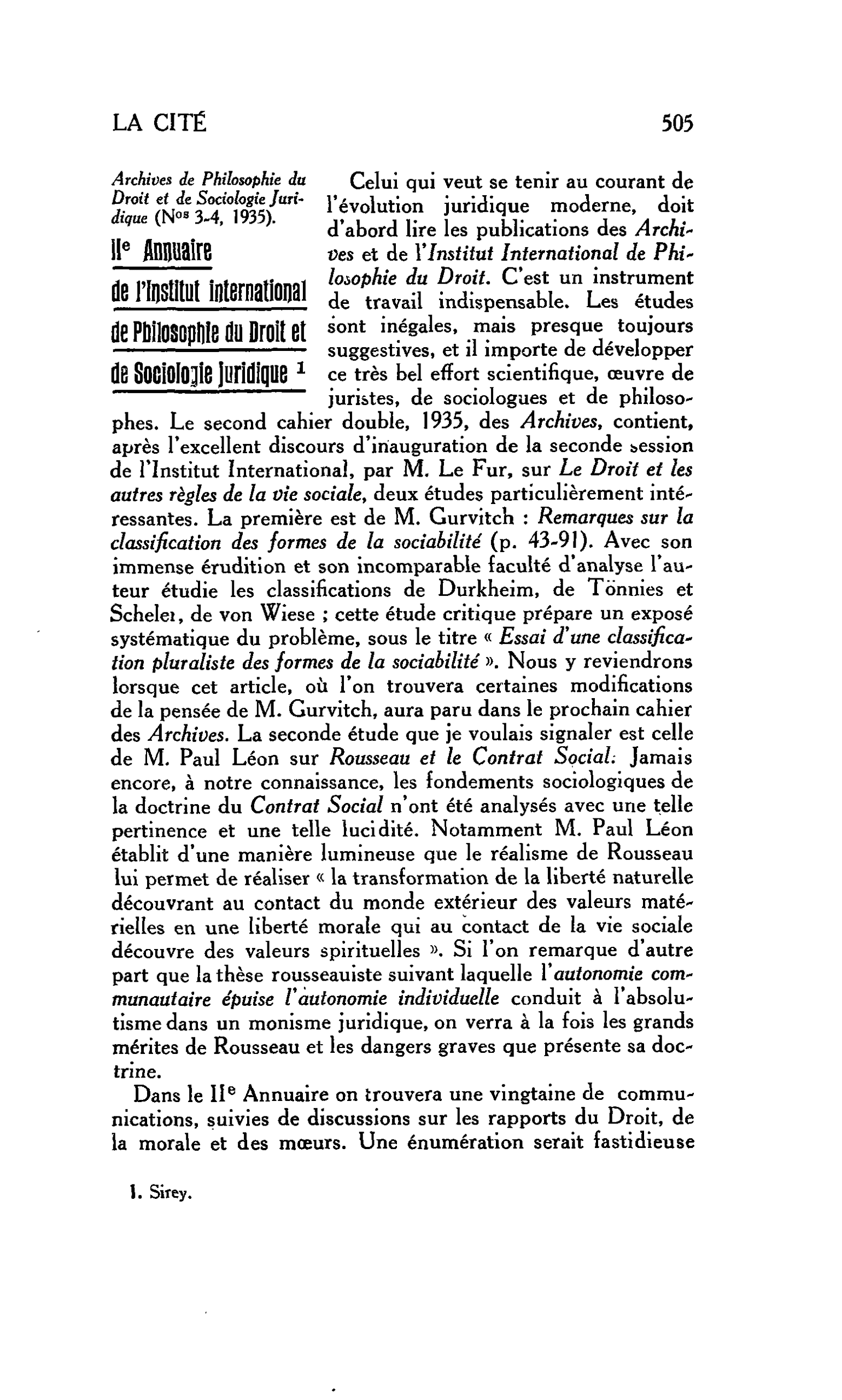 LA CITÉ : Archives de Philosophie du Droit et de Sociologie Juridique (Nos 3-4, 1935). IIe Annuaire de l’institut international de Philosophie du Droit et de Sociologie juridique