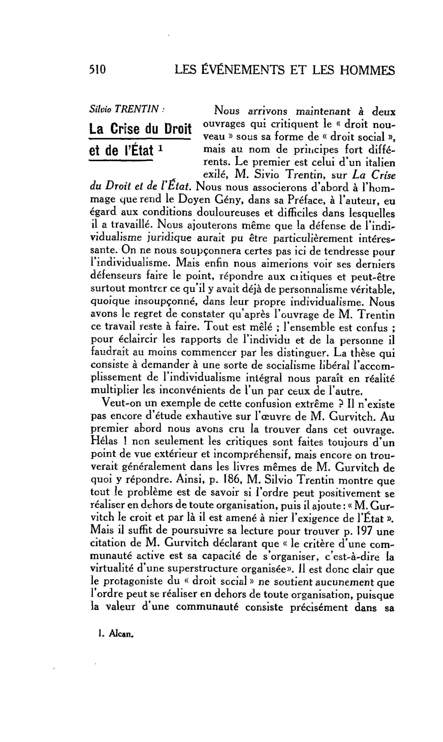 LA CITÉ. Silvio TRENTIN : La Crise du Droit et de l’État