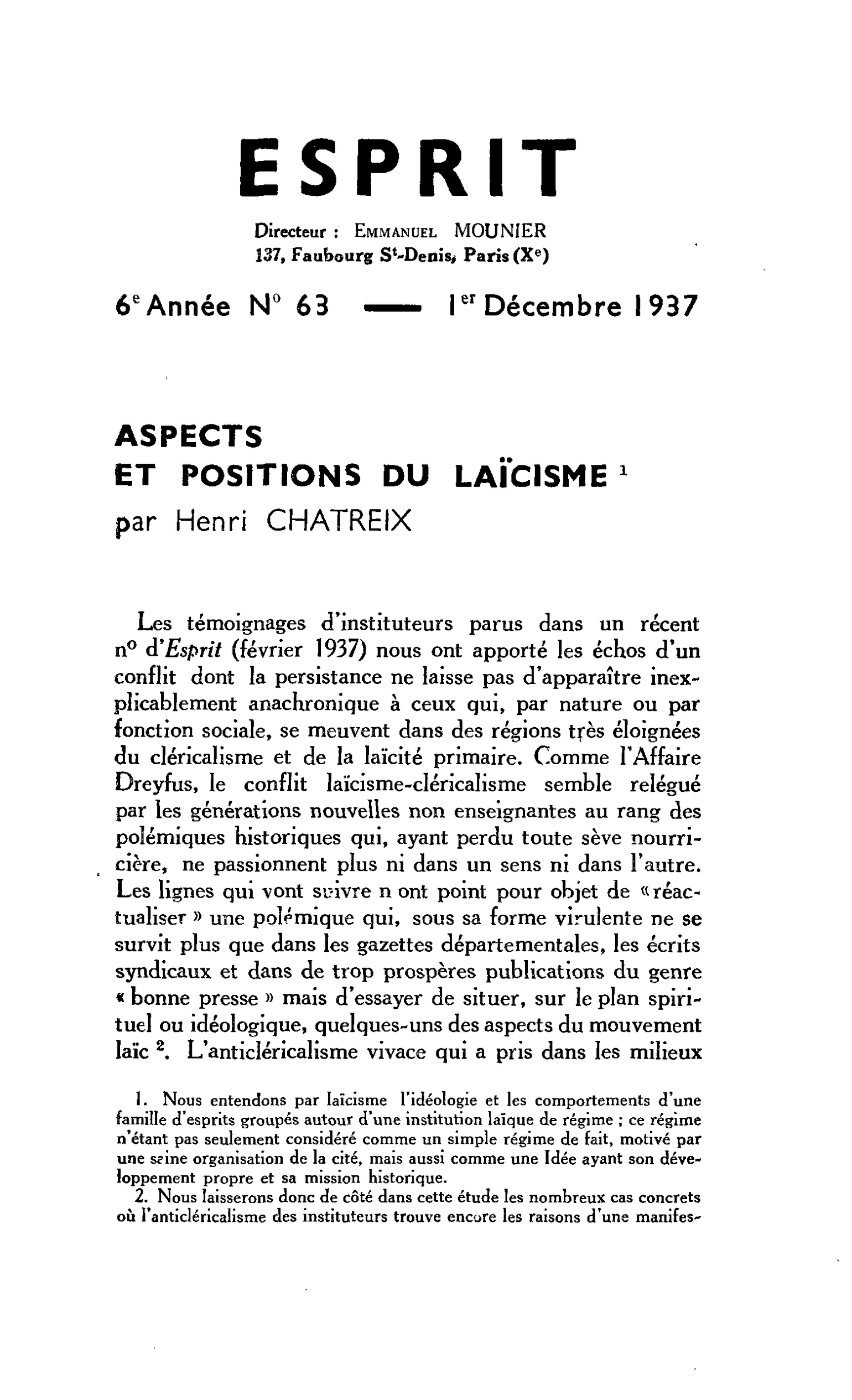 ASPECTS ET POSITIONS DU LAÏCISME