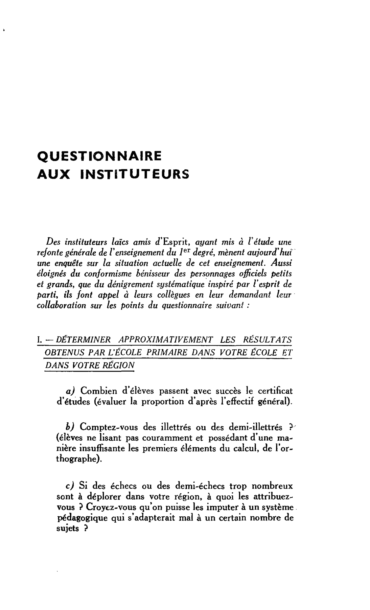 QUESTIONNAIRE AUX INSTITUTEURS