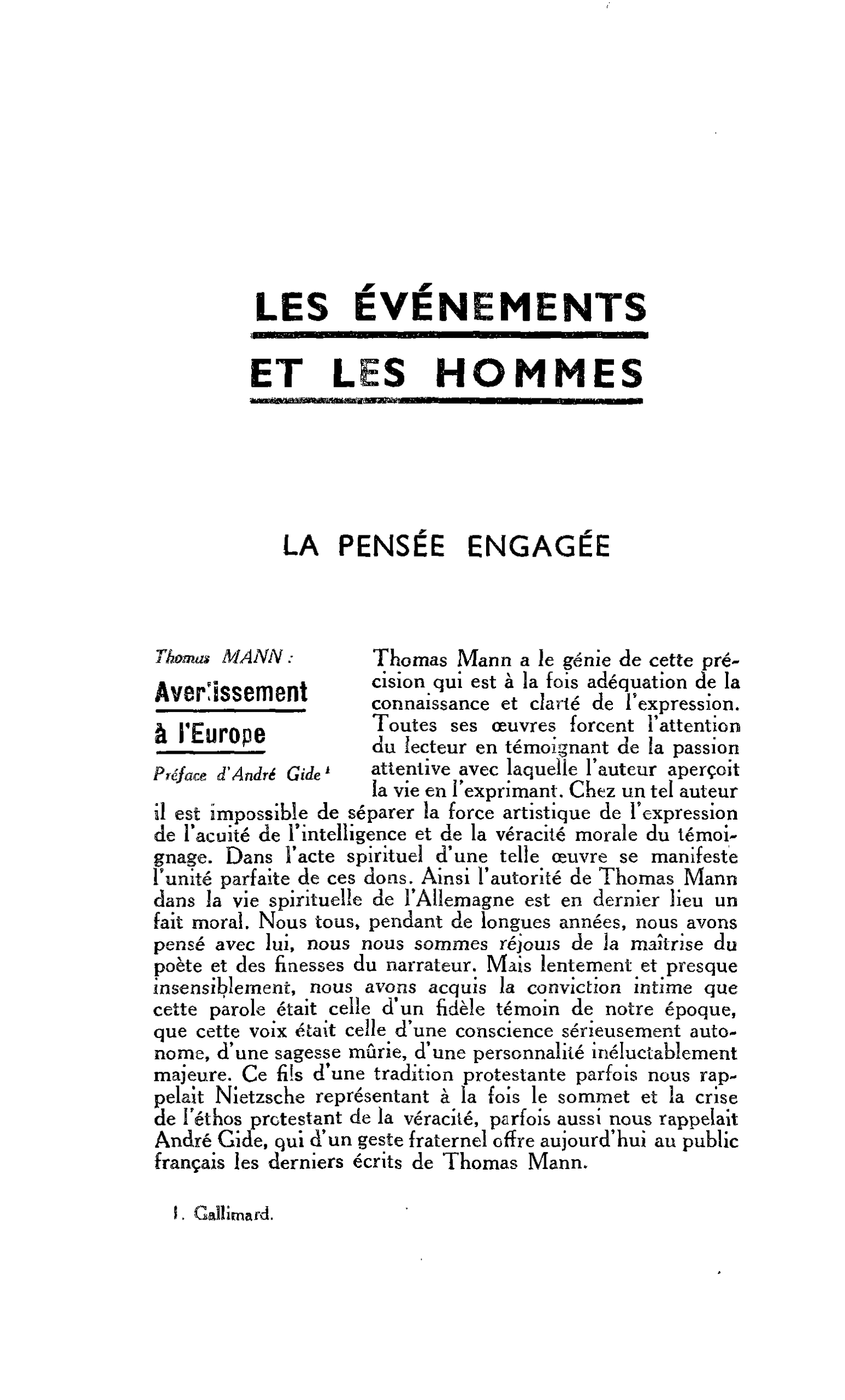 LA PENSEE ENGAGÉE. Thomas MANN: Avertissement à l’Europe