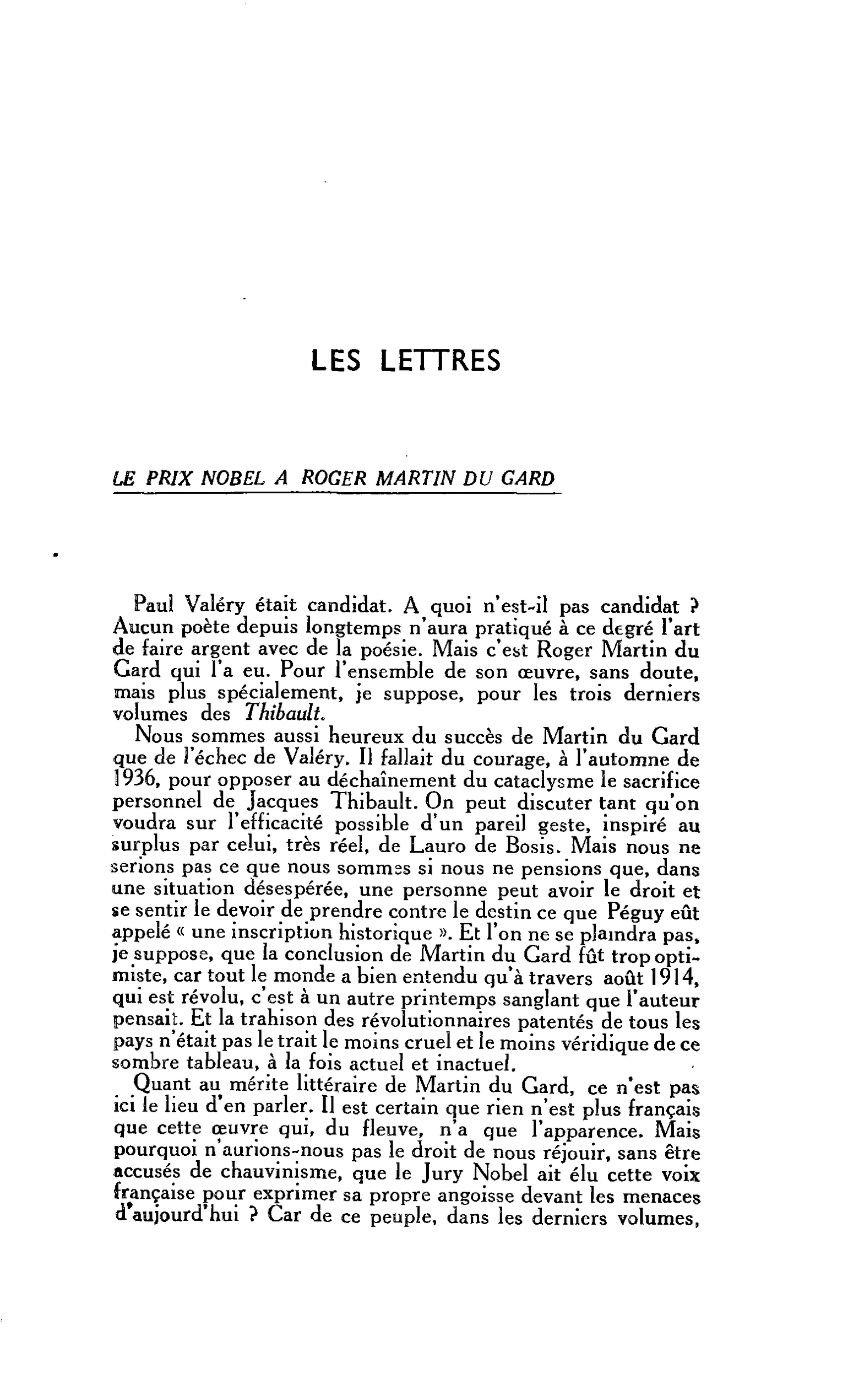 LES LETTRES LE PRIX NOBEL A ROGER MARTIN DU GARD