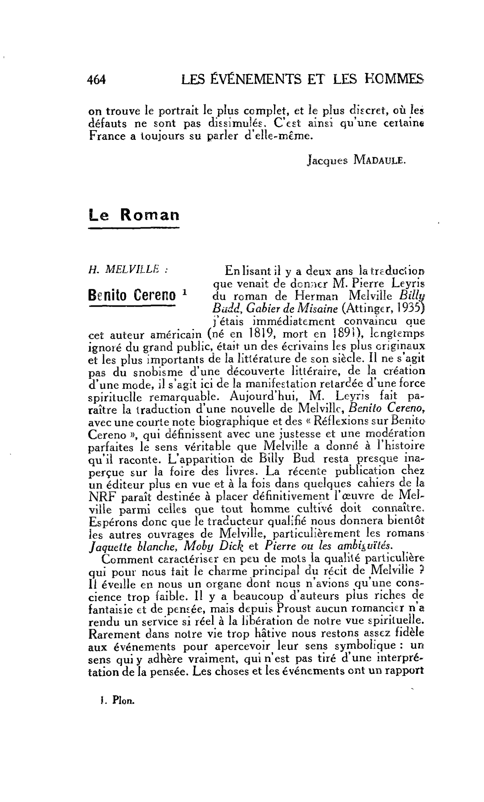 LES LETTRES : Le Roman H. MELVILLE : Benito Cereno