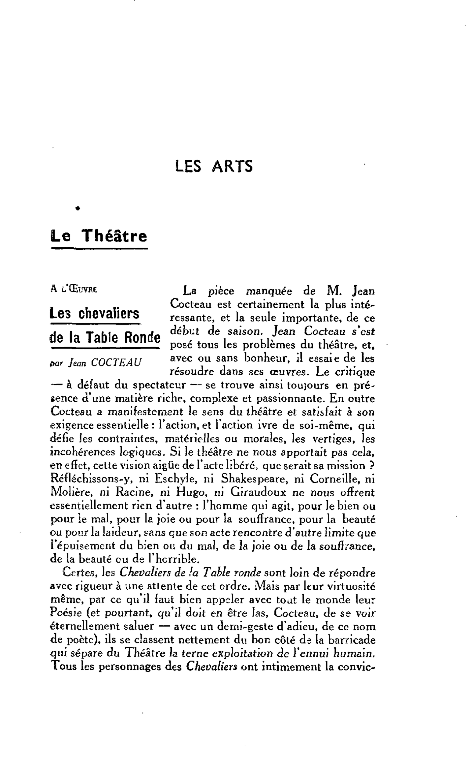 LES ARTS. A l’Oeuvre; Les chevaliers de la Table Ronde par Jean COCTEAU