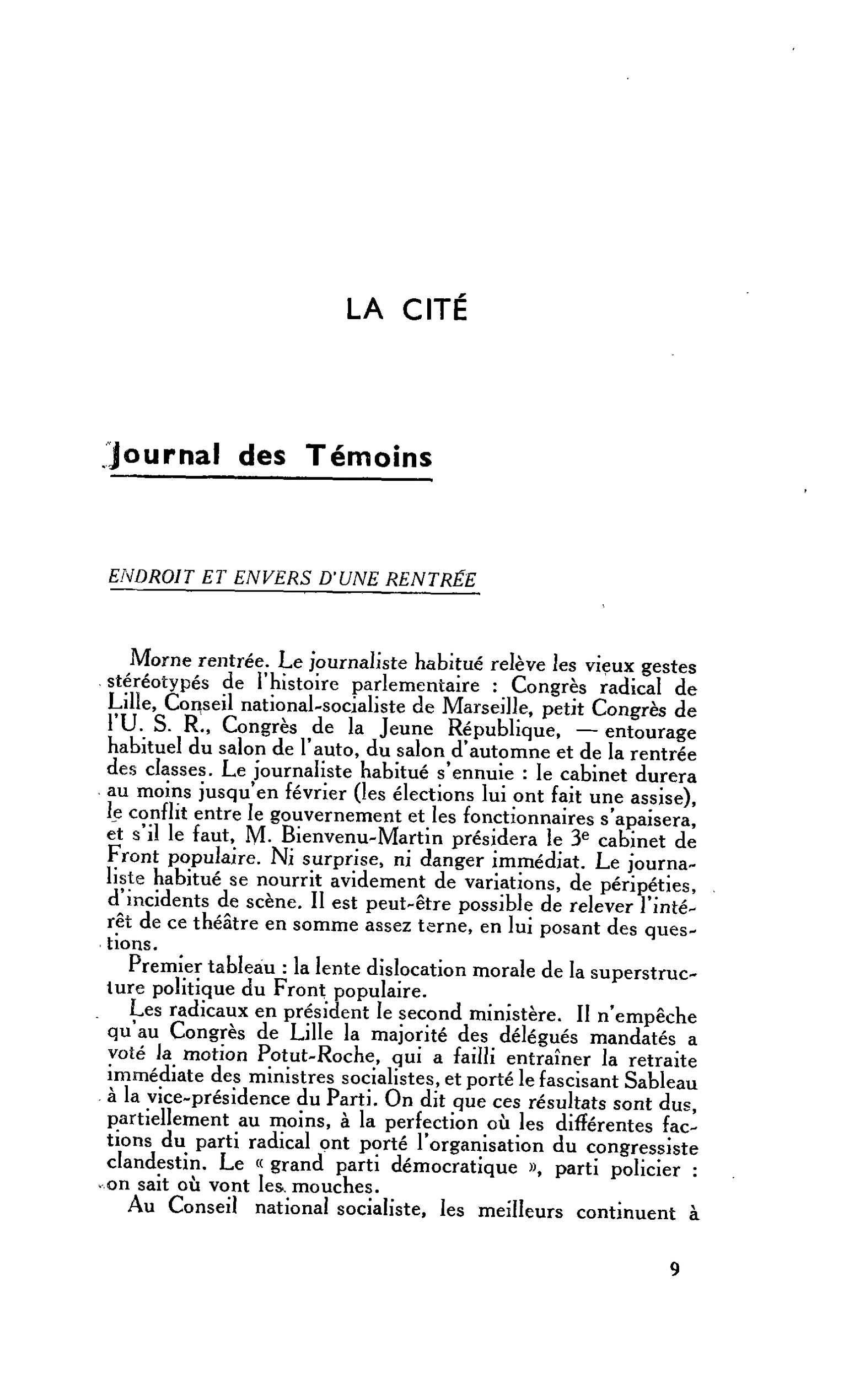 LA CITÉ. Journal des Témoins. ENDROIT ET ENVERS D’UNE RENTRÉE