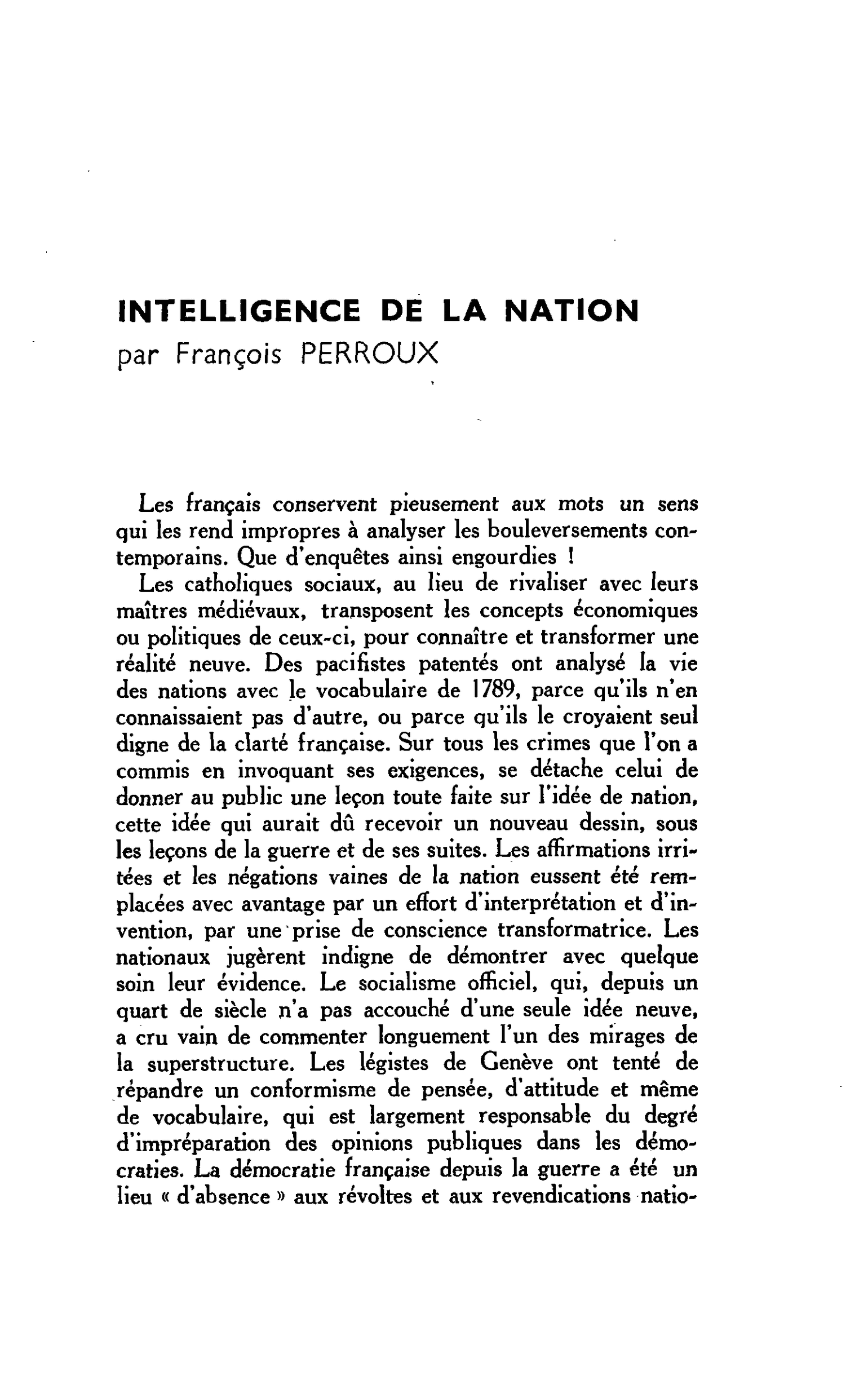 INTELLIGENCE DE LA NATION