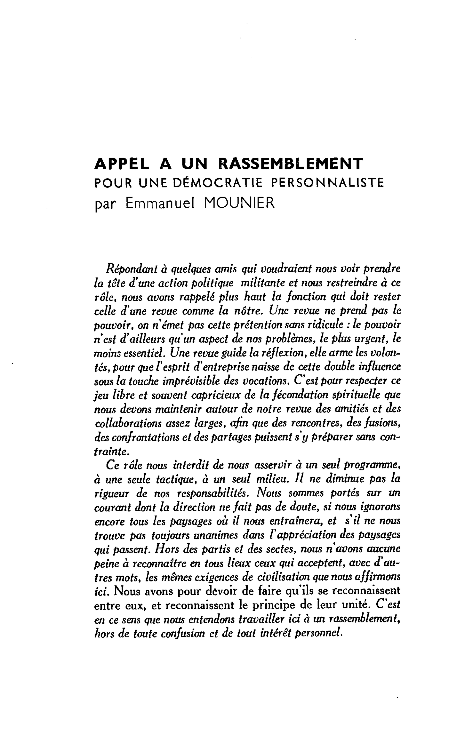 Appel à un rassemblement pour une démocratie personnaliste