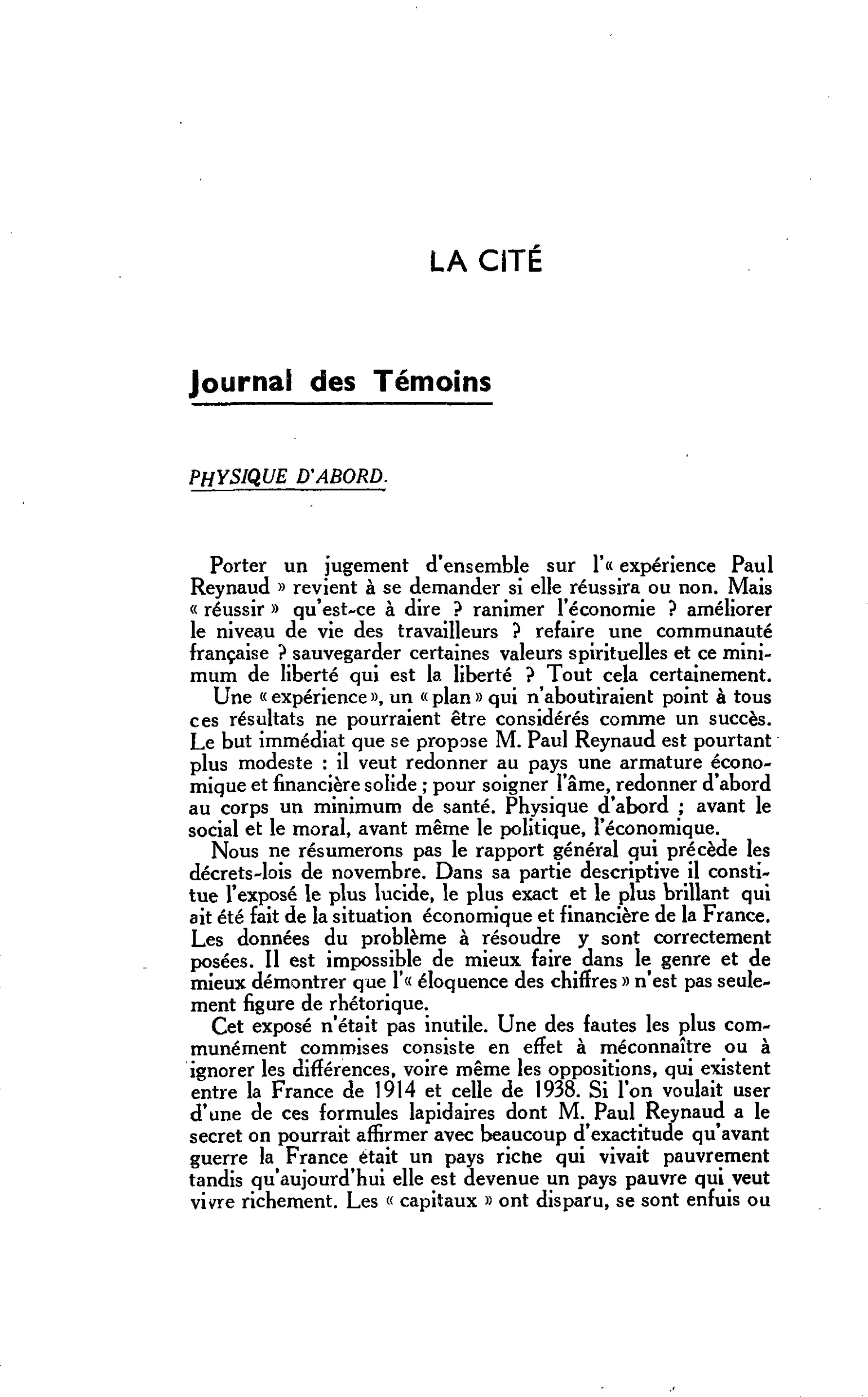 LA CITÉ. Journal des Témoins : PHYSIQUE D’ABORD