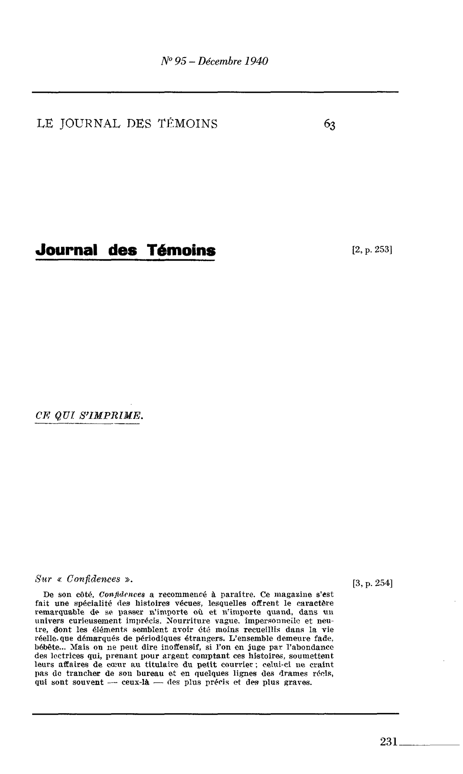 Journal des Témoins. CE QUI S’IMPRIME : Sur « Confidences »