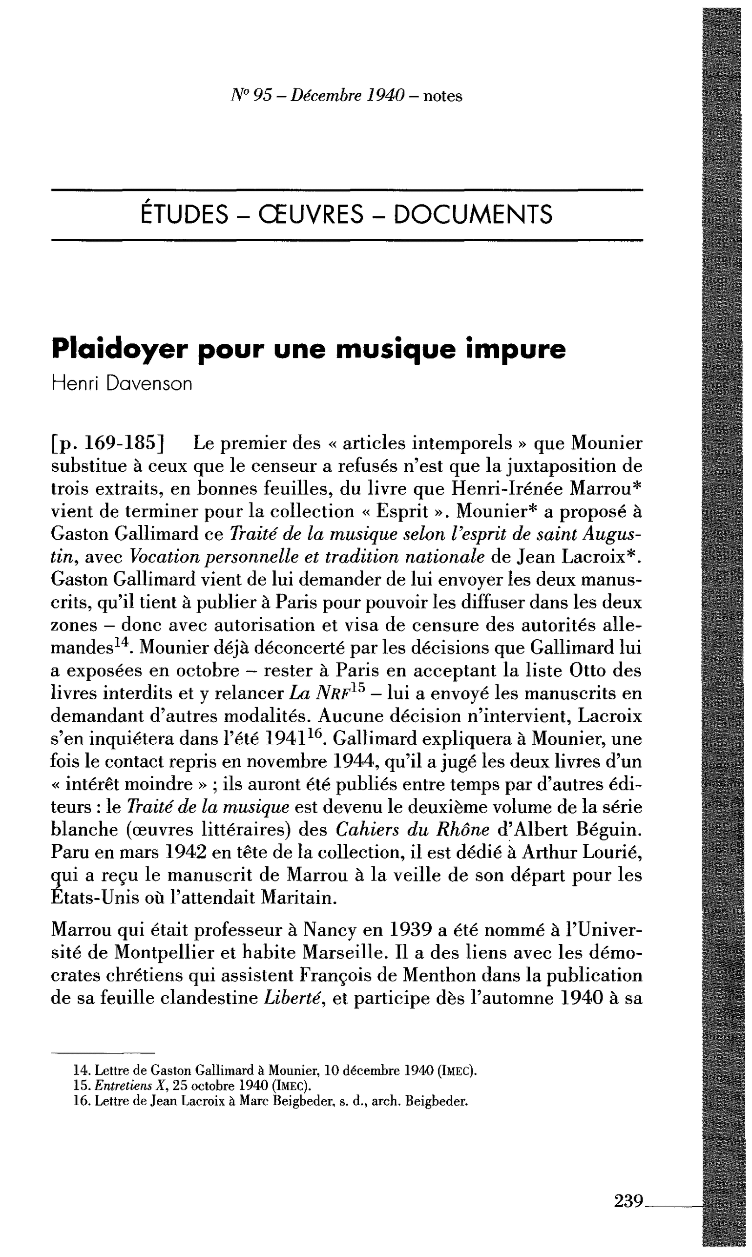 Plaidoyer pour une musique impure (par Davenson Henri)