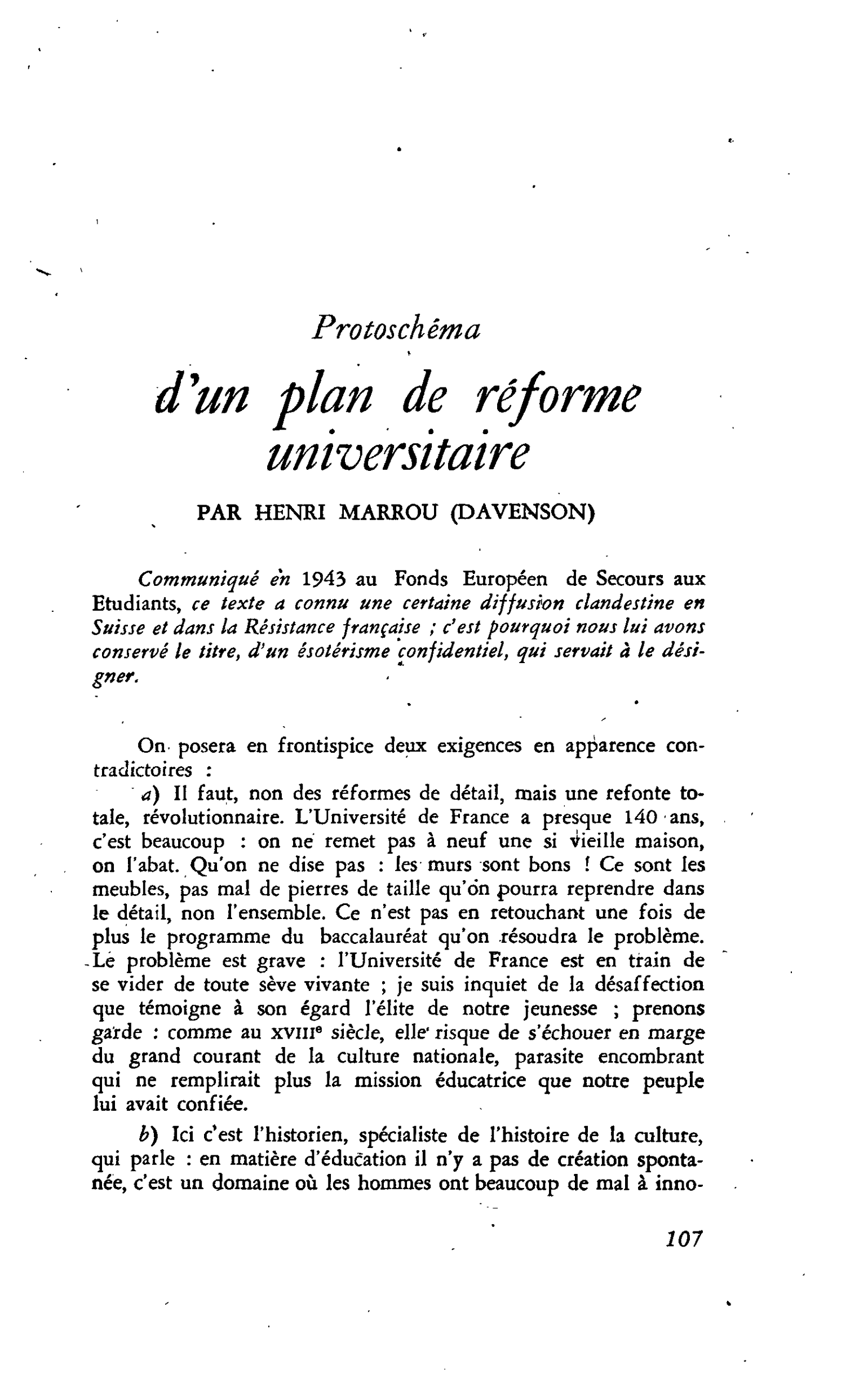 Protoschéma d’un plan de réforme universitaire
