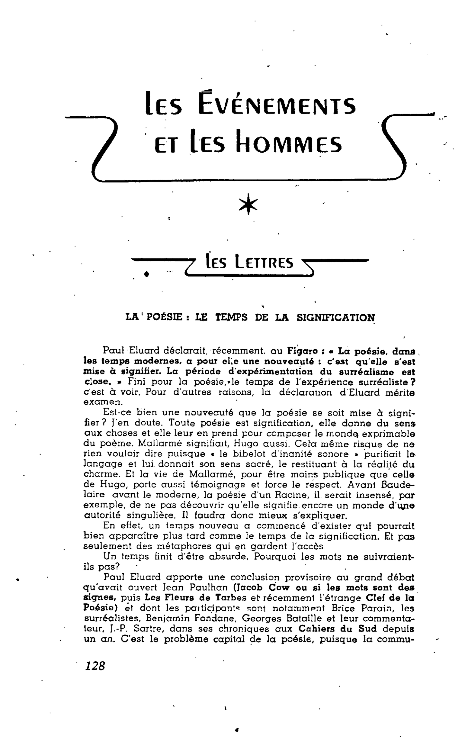 Les Lettres. LA  POÉSIE : LE TEMPS DE LA SIGNIFICATION