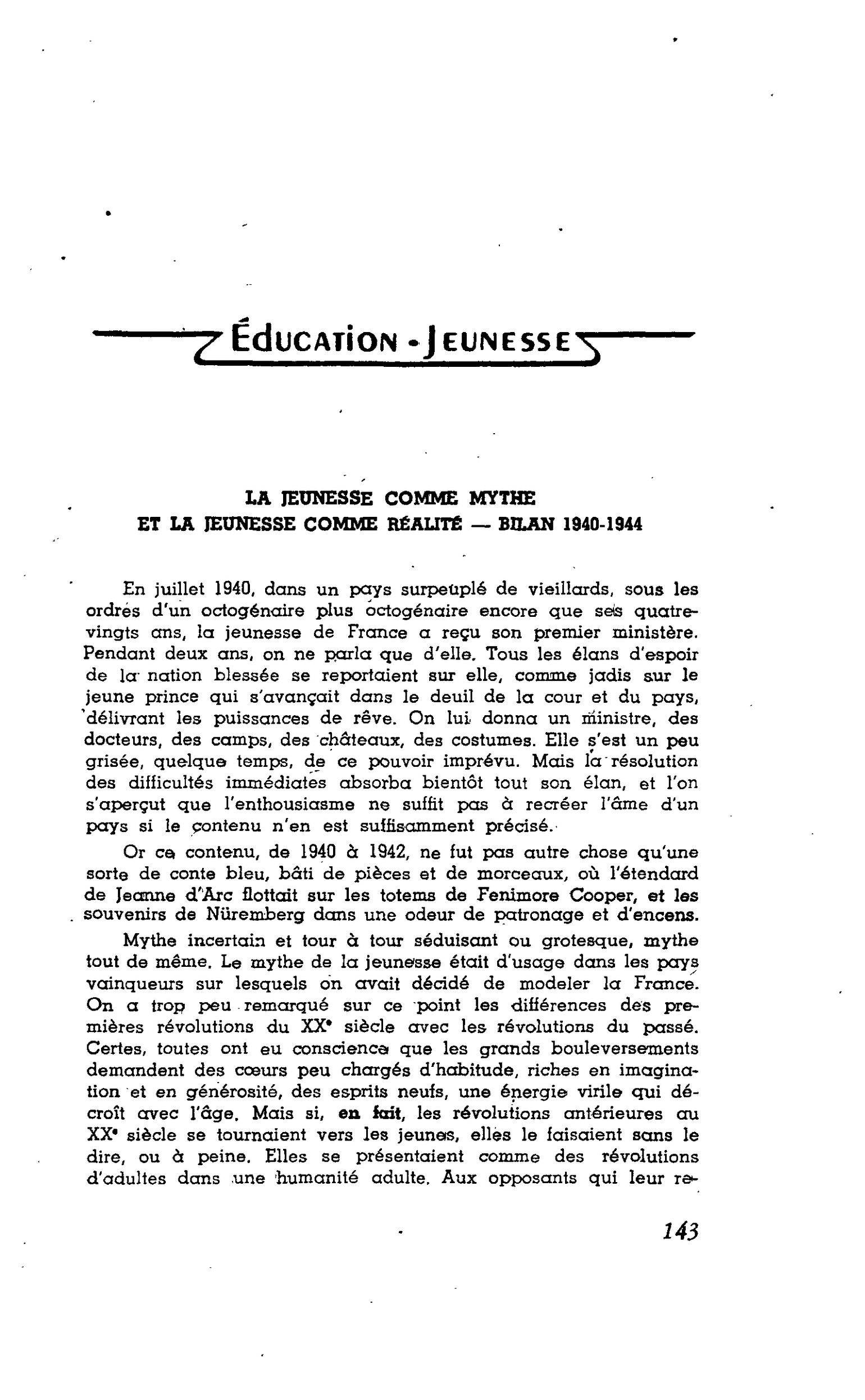 Éducation - La Jeunesse comme mythe et la jeunesse comme réalité ? Bilan 1940-1944