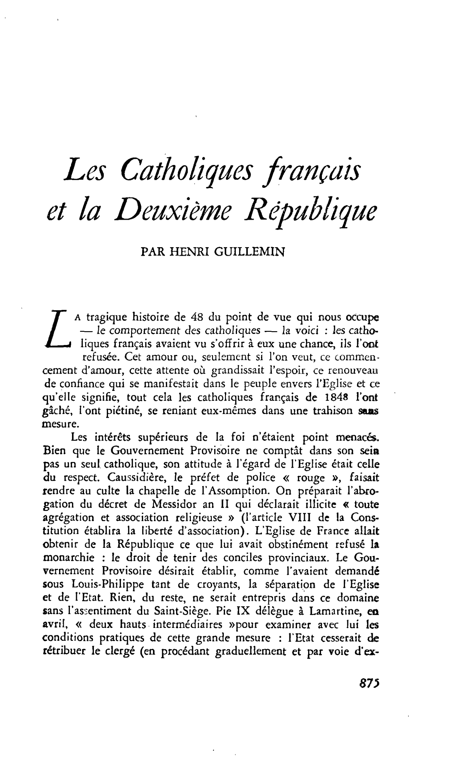 Les Catholiques français et la Deuxième République
