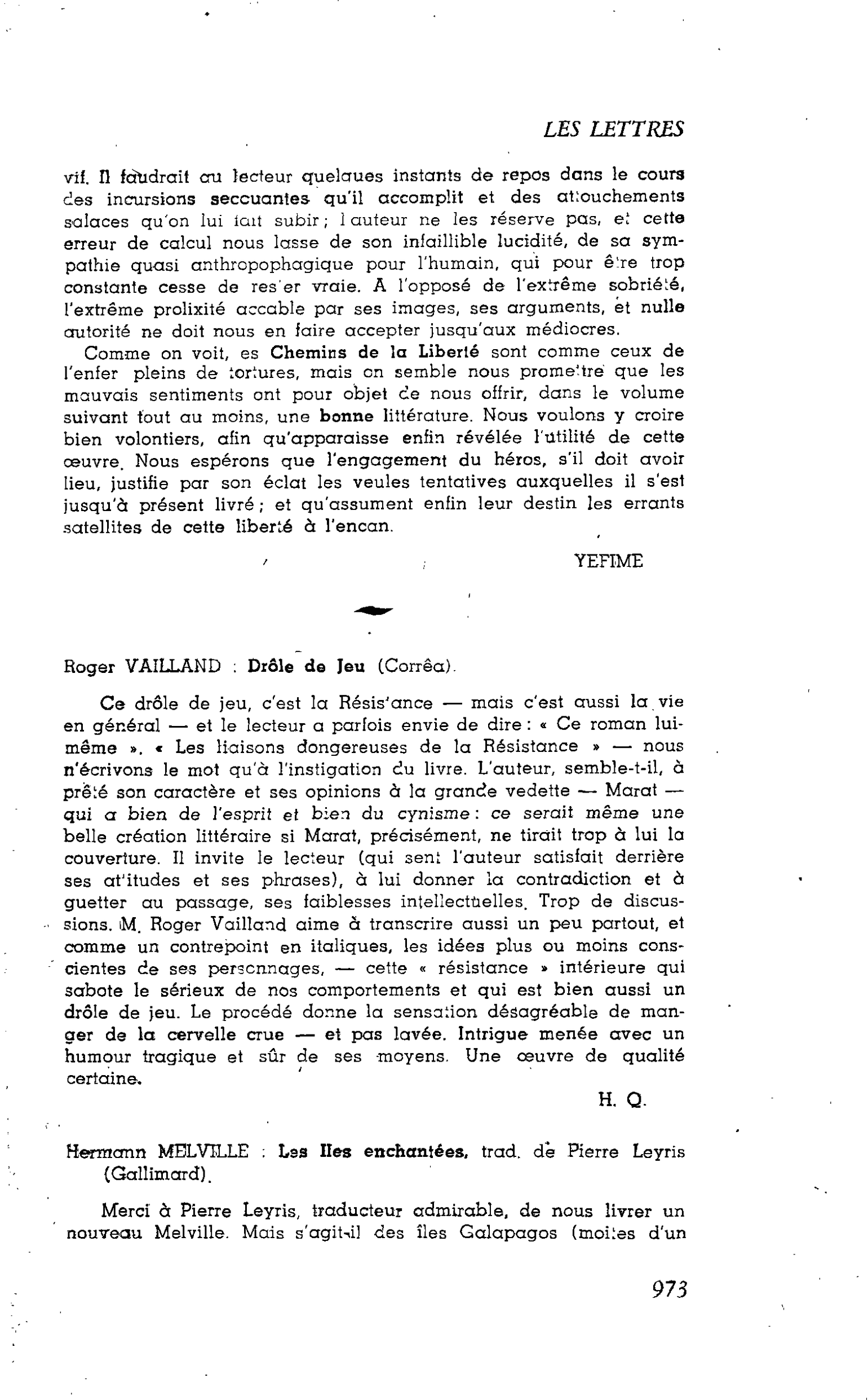 Les Lettres. Roger VAILLAND : Drôle de Jeu