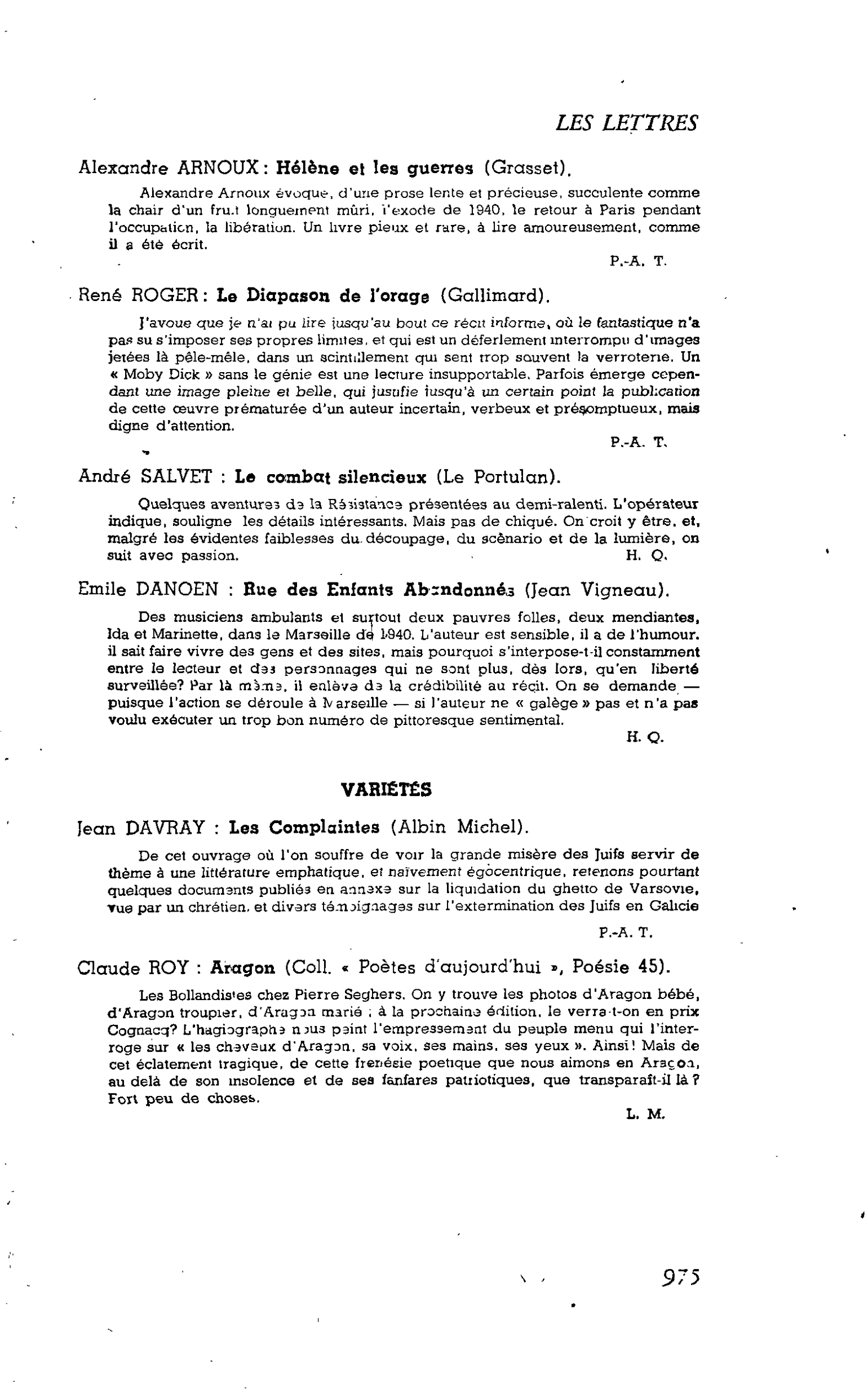 Les Lettres. VARIÉTÉS. Jean DAVRAY : Les Complaintes