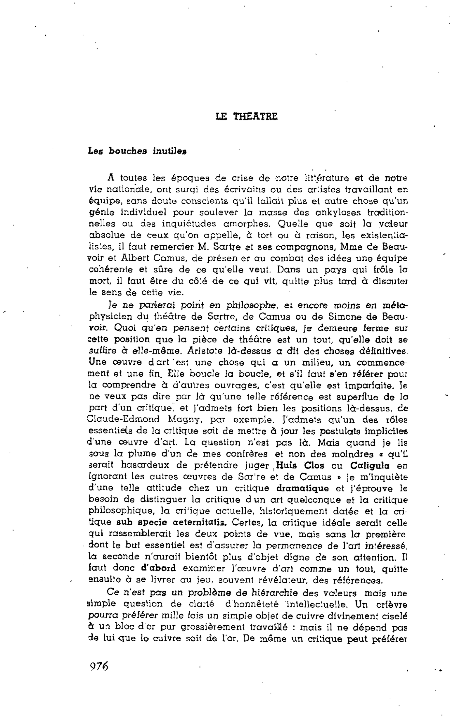 Les Lettres. LE THEATRE : Les bouches inutiles