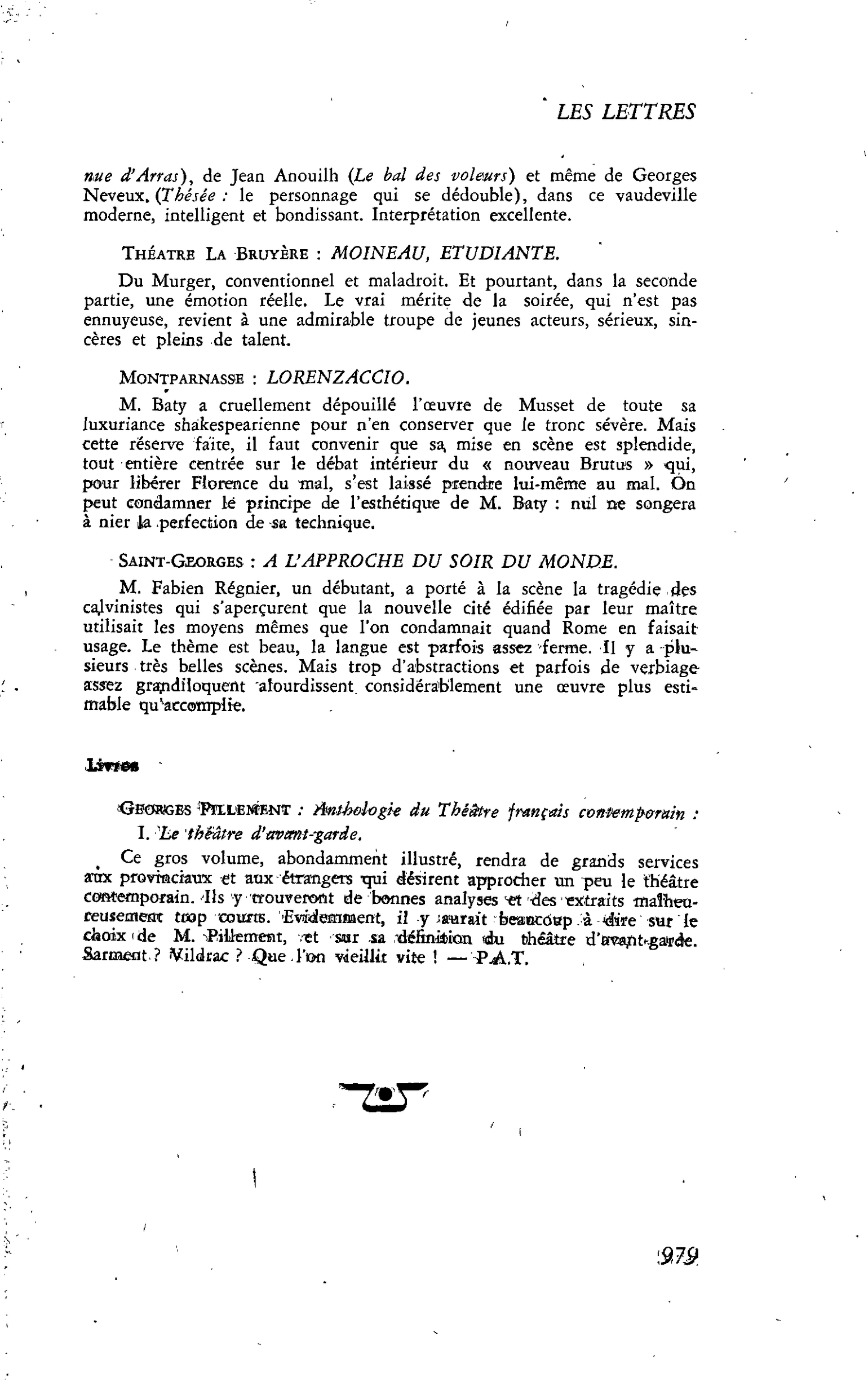 Les Lettres. Livres. GEORGES PILLEMENT : Anthologie du Théâtre français contemporain