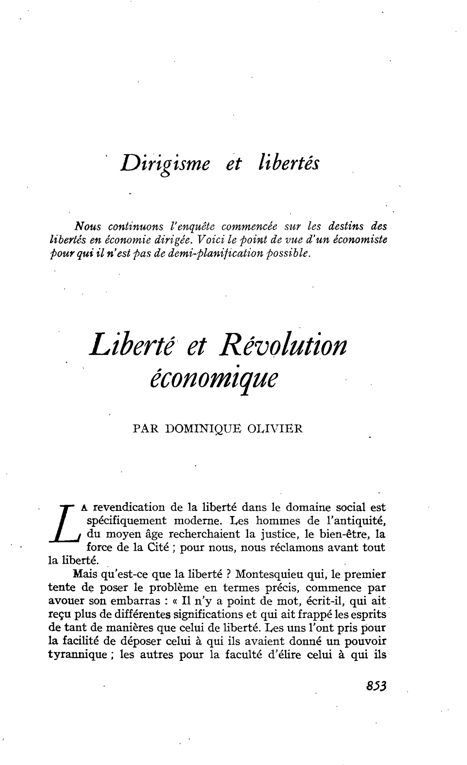 Dirigisme et libertés : Liberté et Révolution économique