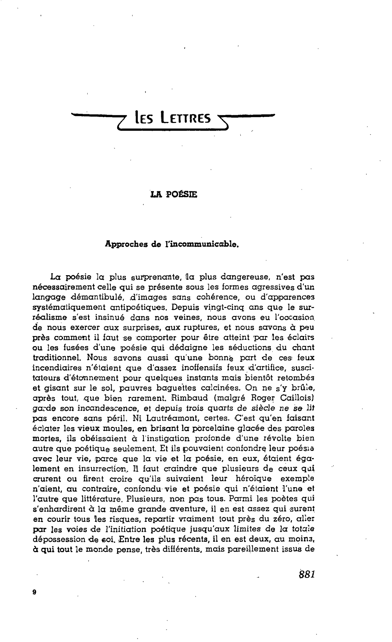 Les Lettres. LA POÉSIE : Approches de l’incommunicable